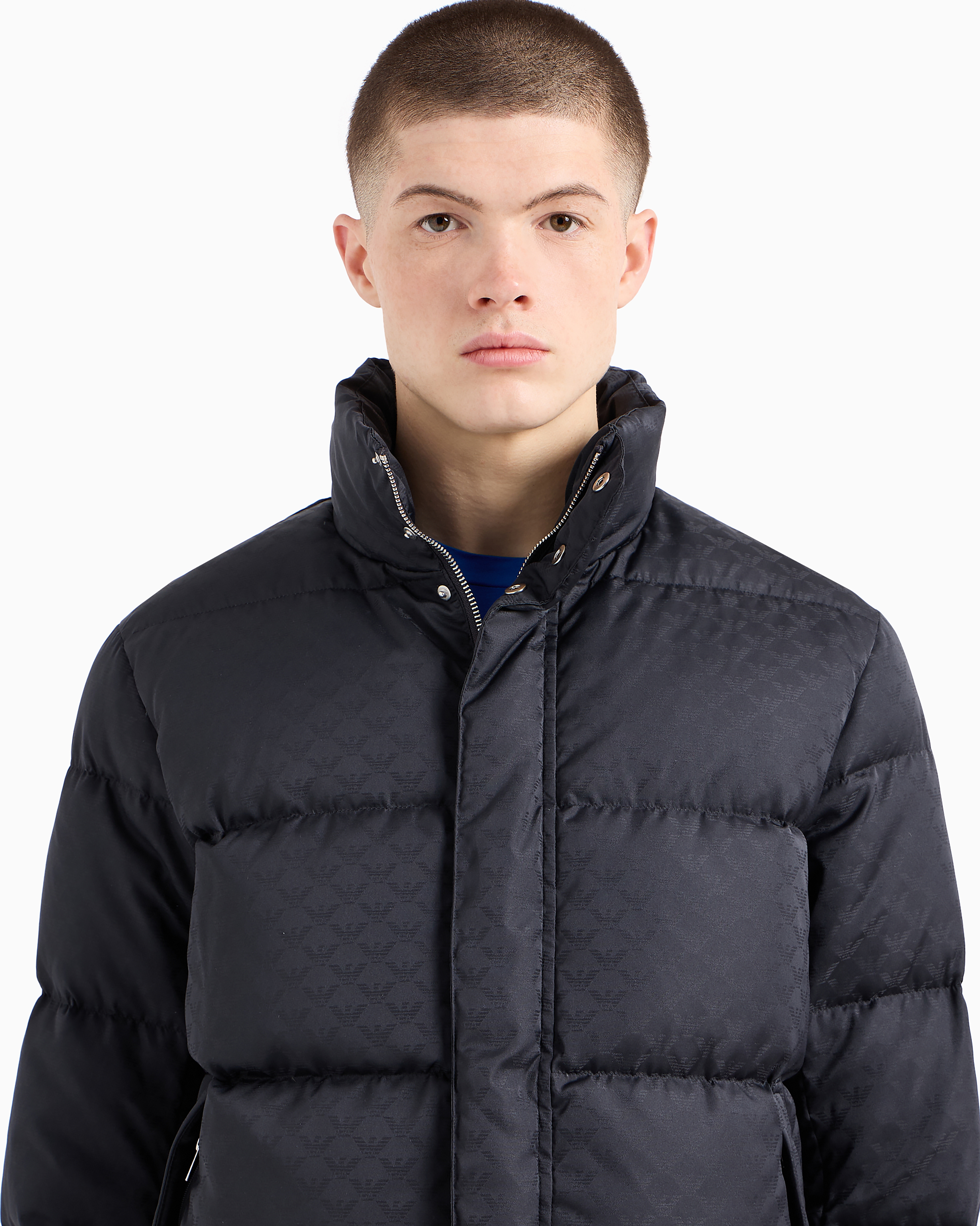 Emporio Armani Quilted Puffer Jacket With All-over Jacquard Eagle In Navy Blue