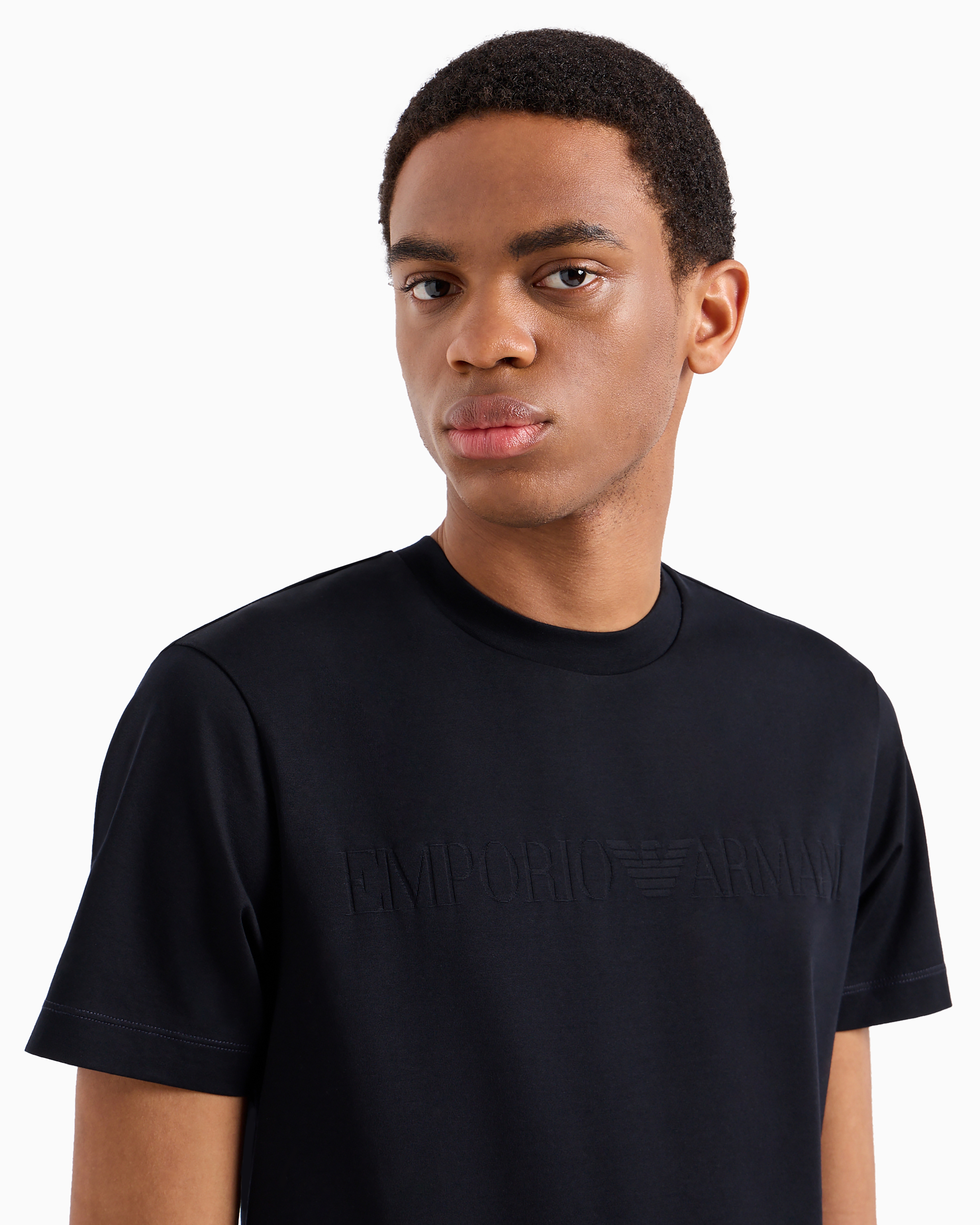Emporio Armani Official Store Jersey T-shirt With Jacquard Logo In Blue