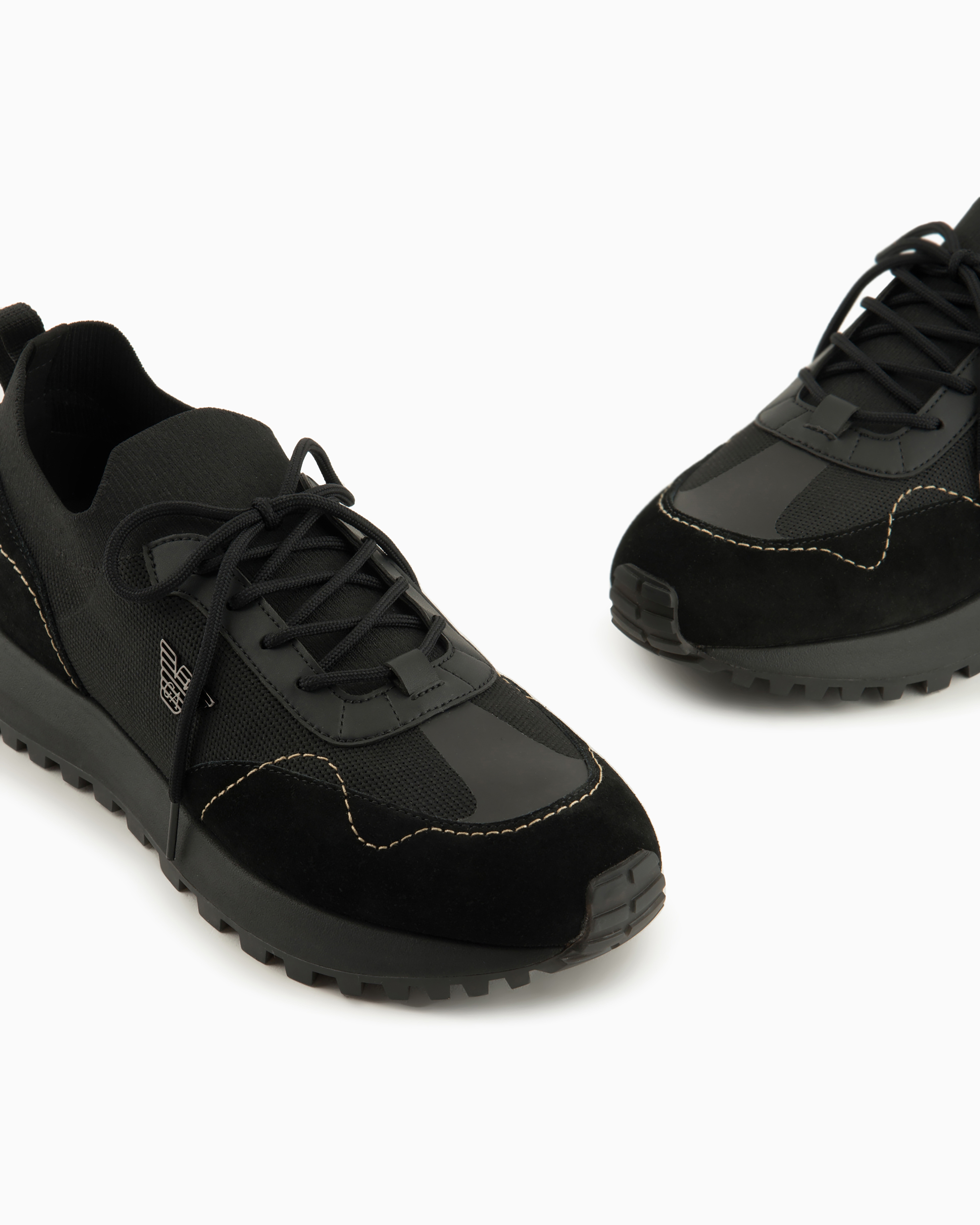 Emporio Armani Official Store Knit Sneakers With Suede Details In Black