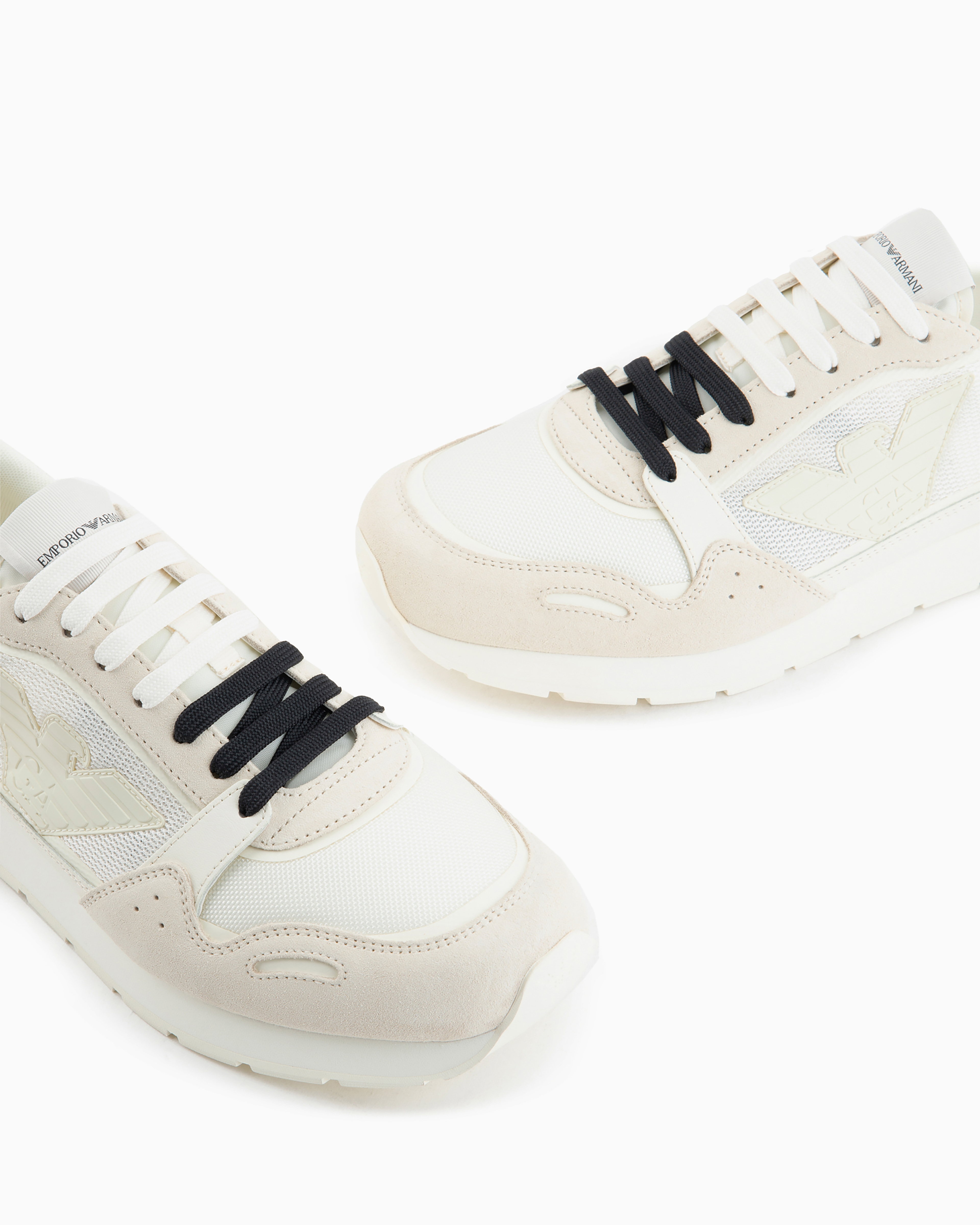 Emporio Armani Official Store Mesh Sneakers With Suede Details And Eagle Patch In White Logo