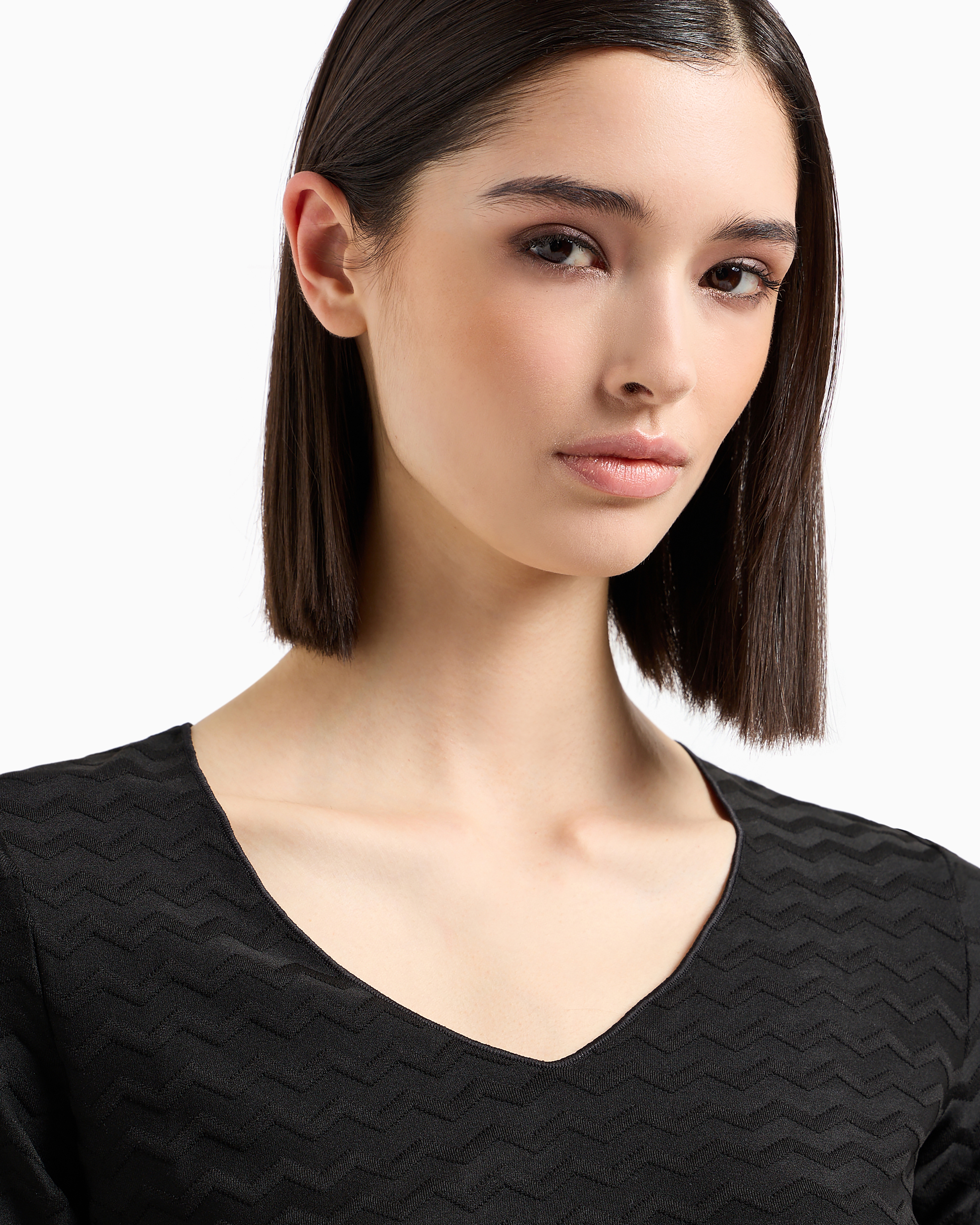 Shop Emporio Armani Two-way Stretch Jacquard Jersey V-neck Jumper With Three-quarter Length Sleeves In Black