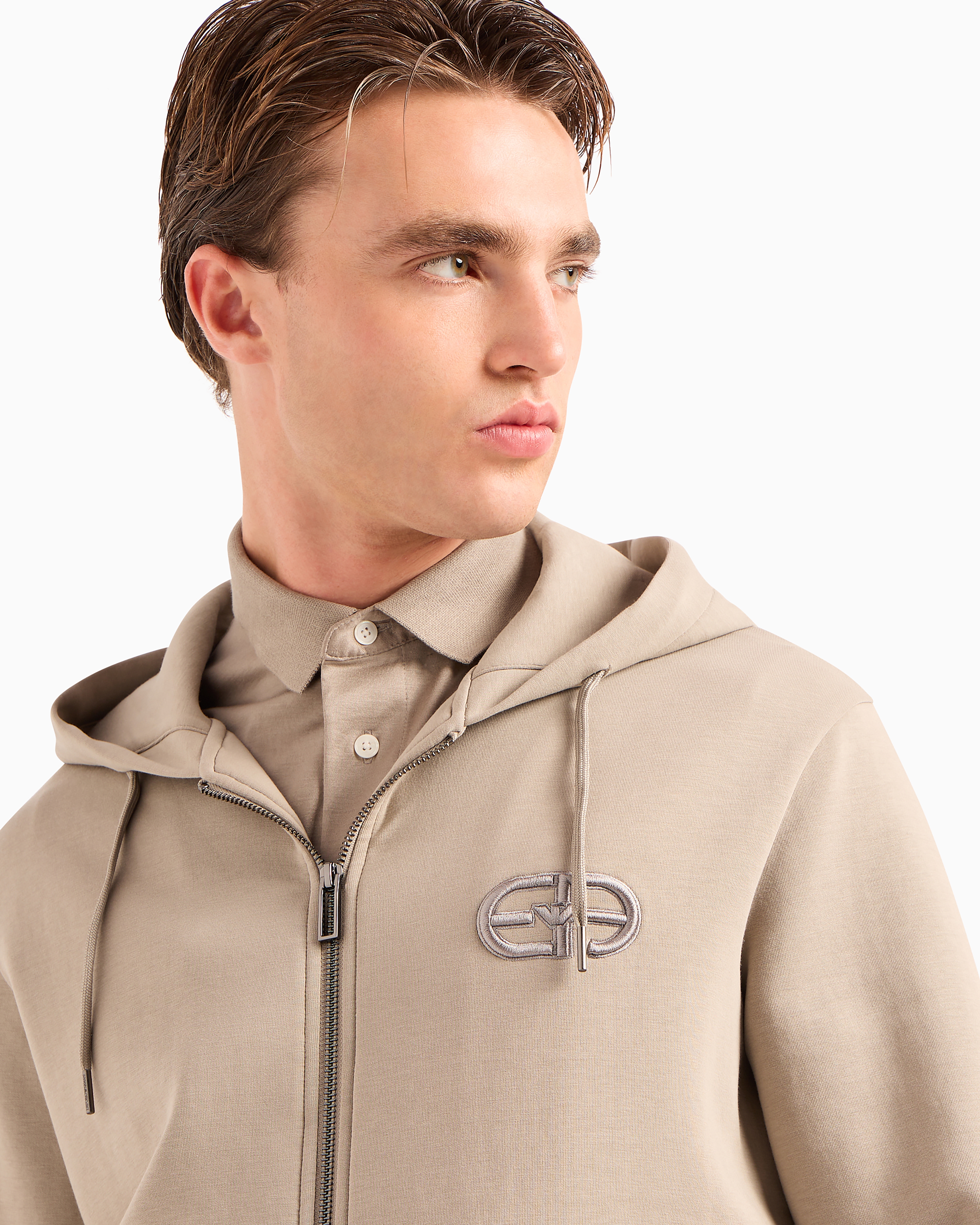Emporio Armani Double-jersey Zip-up Hooded Sweatshirt With Embossed, Embroidered Ea Logo In Beige