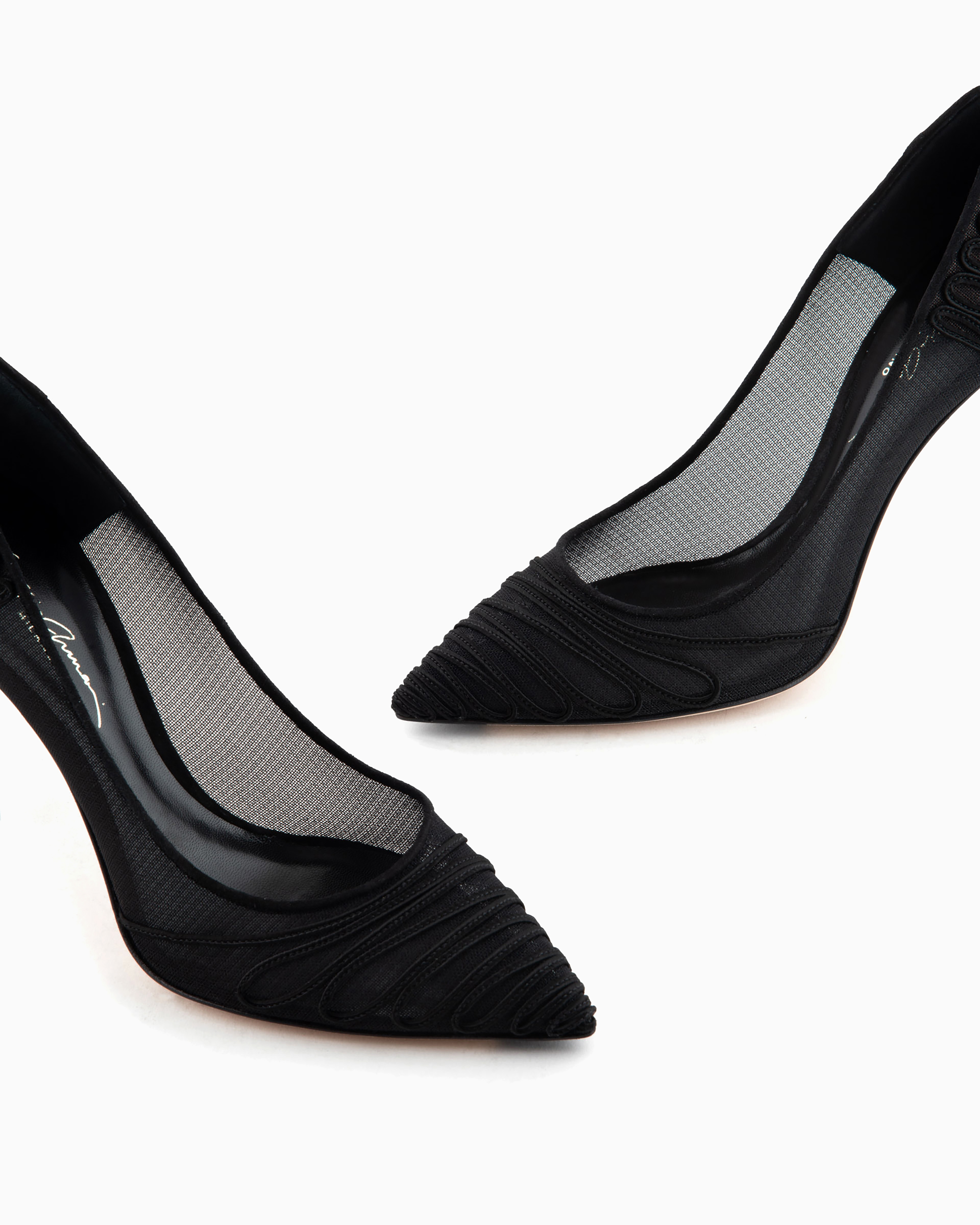 Giorgio Armani Official Store Tulle Court Shoes With Suede Embroidery In Black