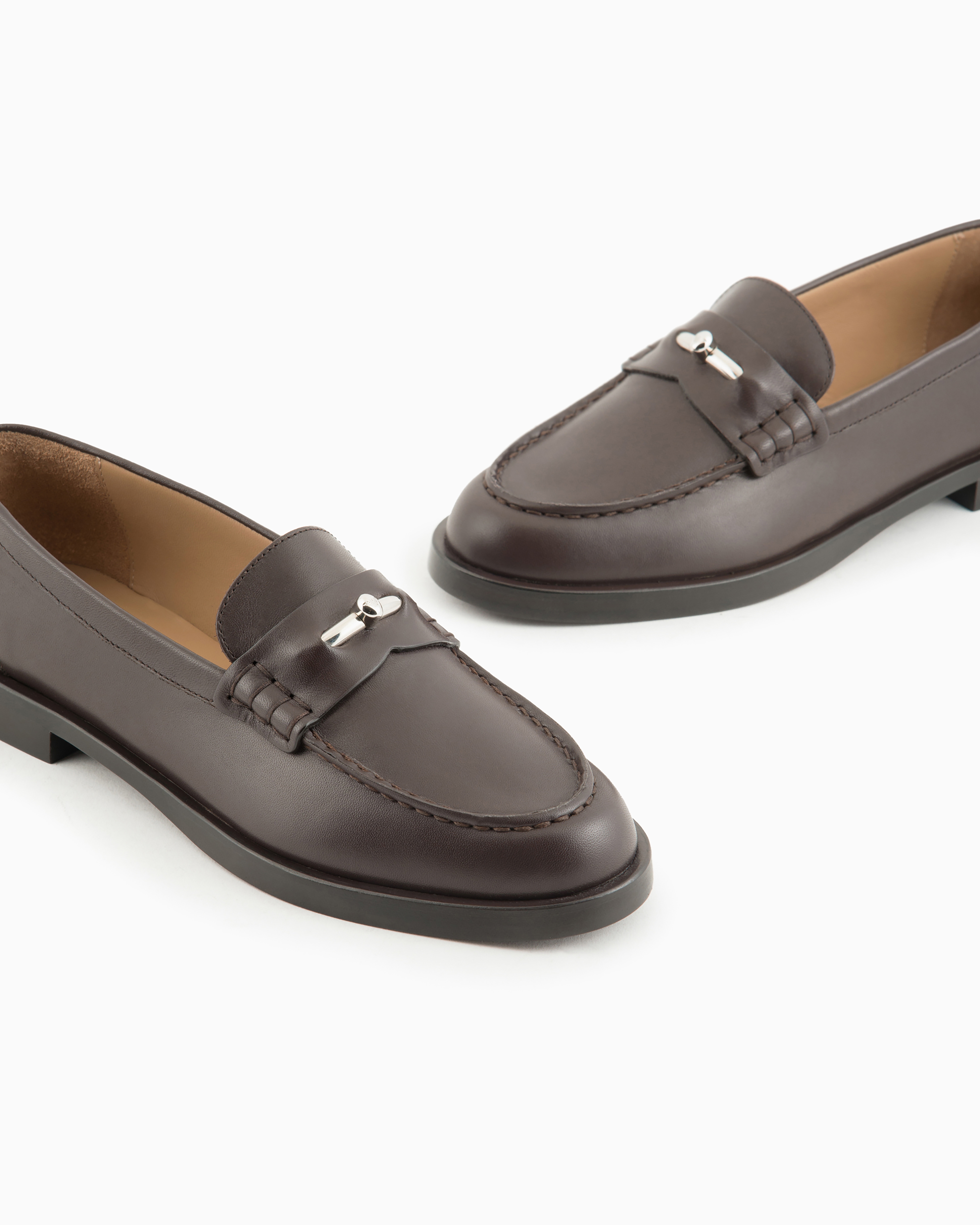 Emporio Armani Official Store Leather Loafers With Icon Stirrup In Brown
