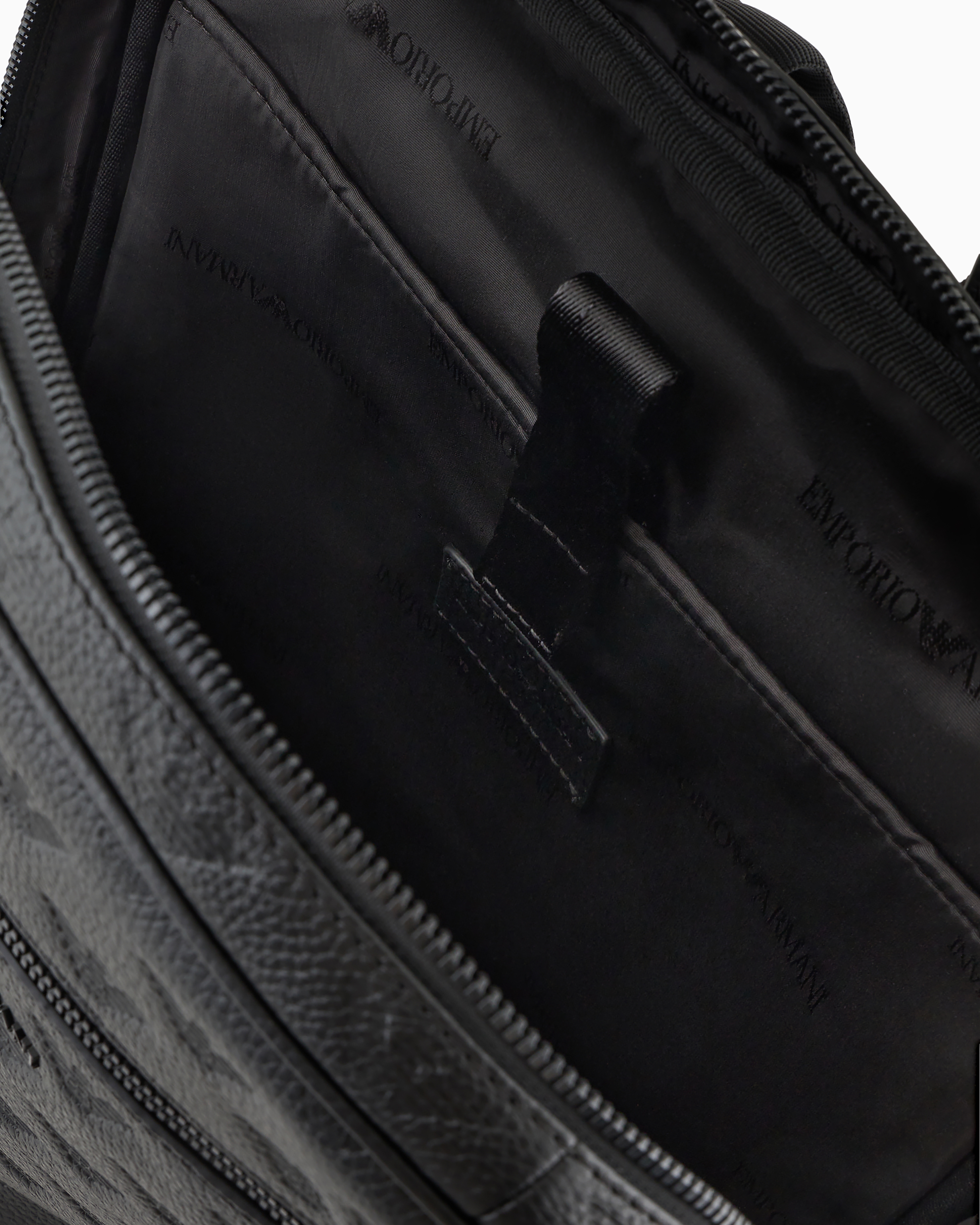 Shop Emporio Armani Slim Leather Backpack With All-over Embossed Eagle In Black