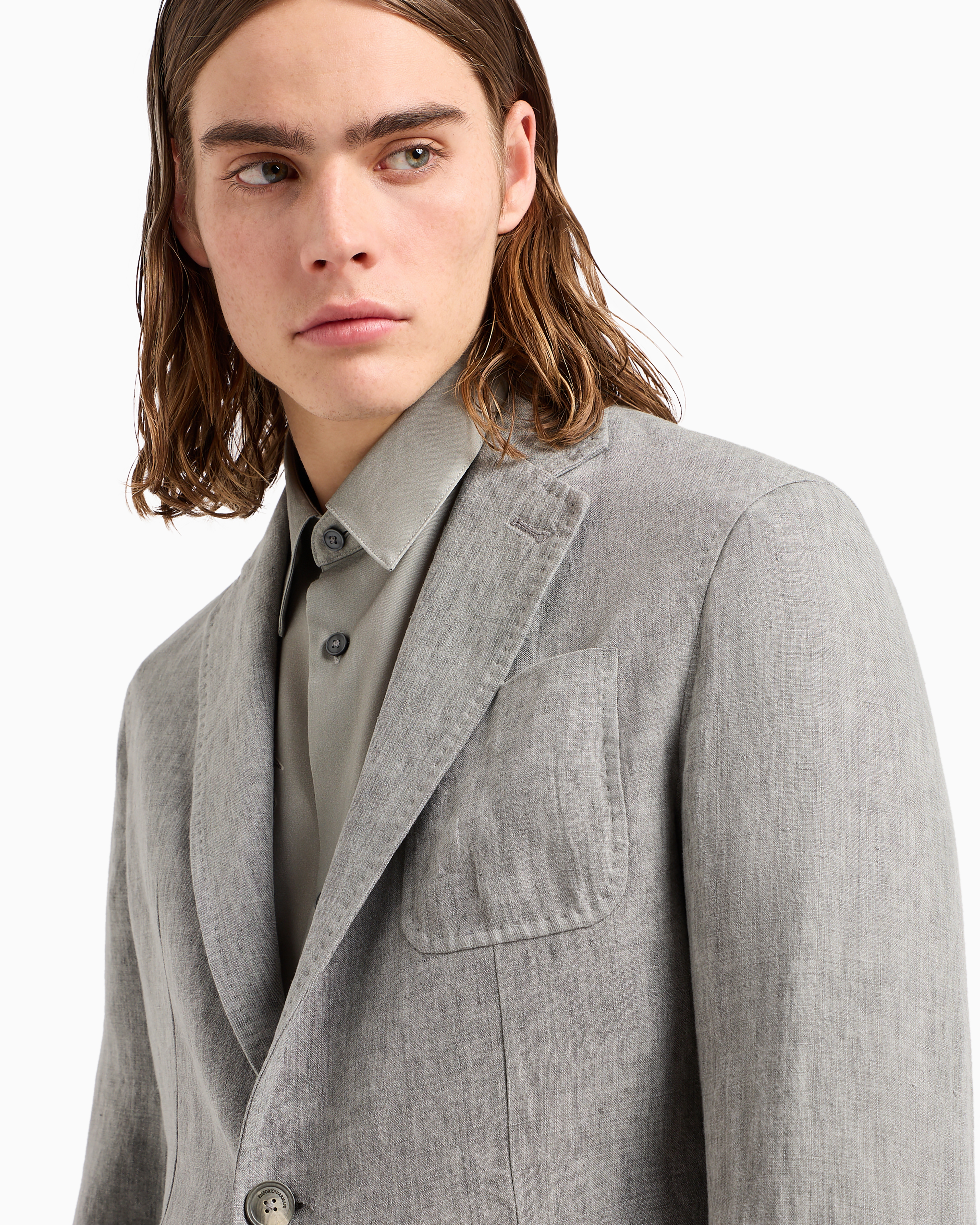 Shop Emporio Armani Single-breasted Jacket In Faded Linen With A Crêpe Texture In Light Grey