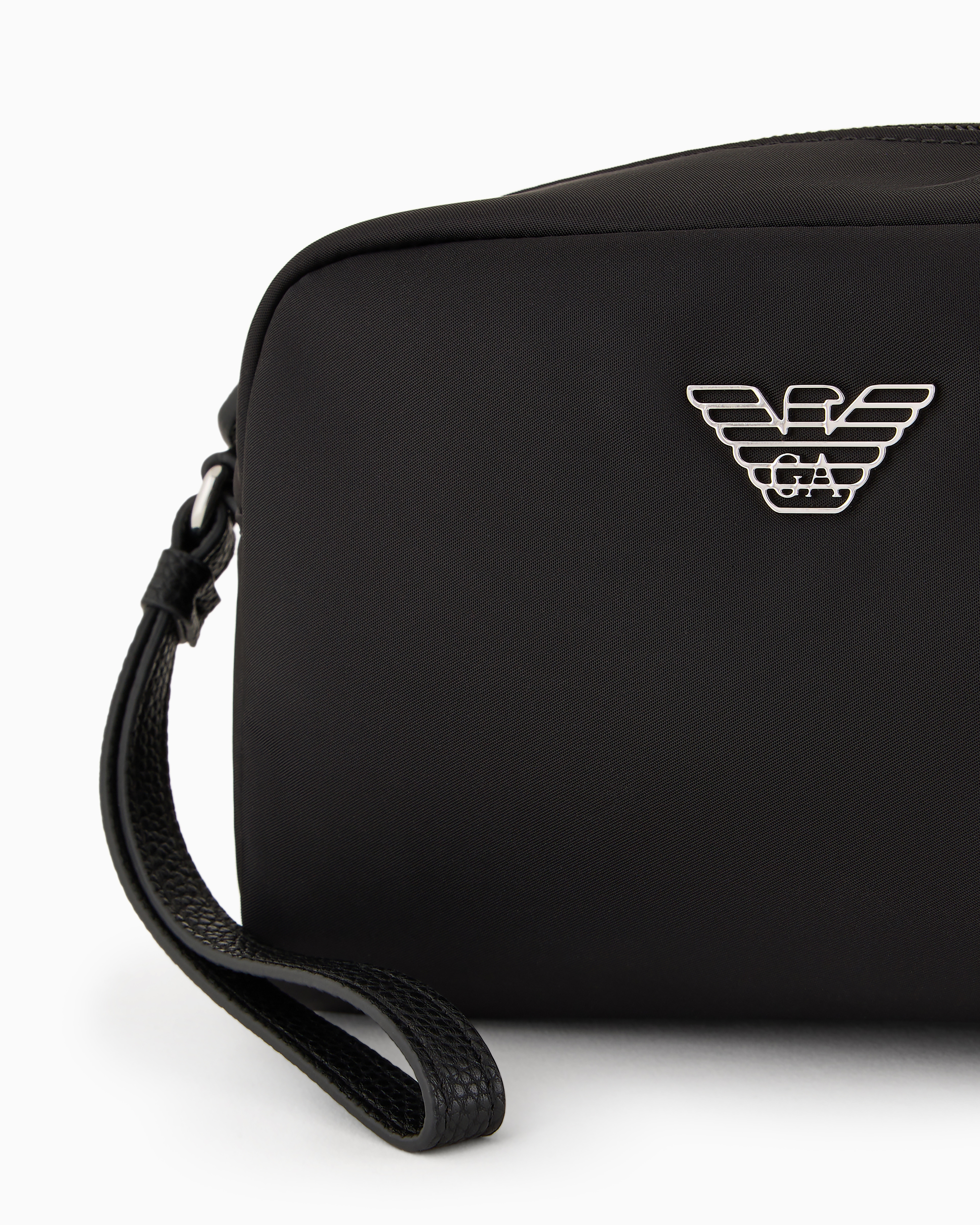 Emporio Armani Official Store Asv Recycled Nylon Washbag With Eagle Plaque In Black Logo