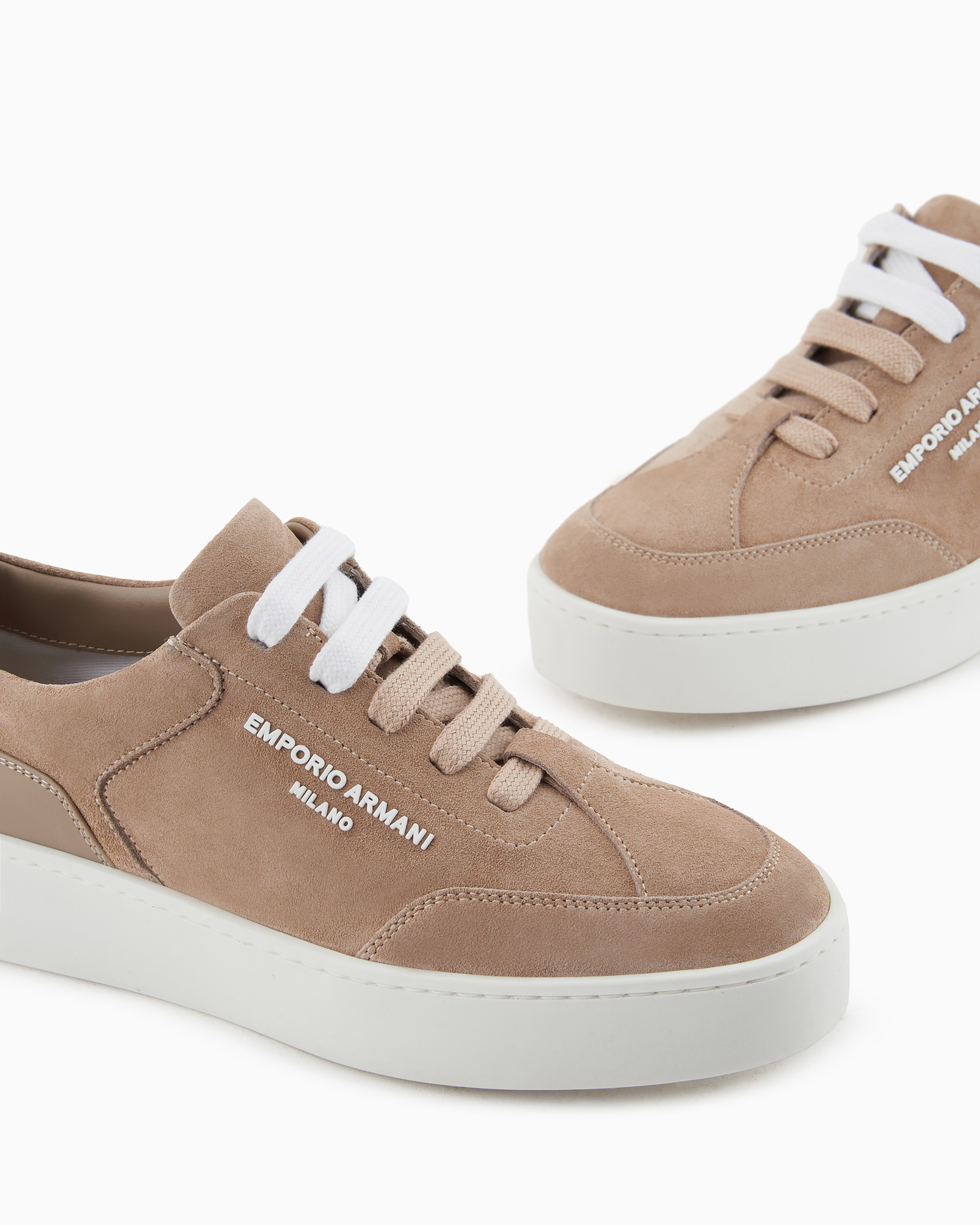 Emporio Armani Official Store Velour Leather Sneakers With Side Logo In Camel