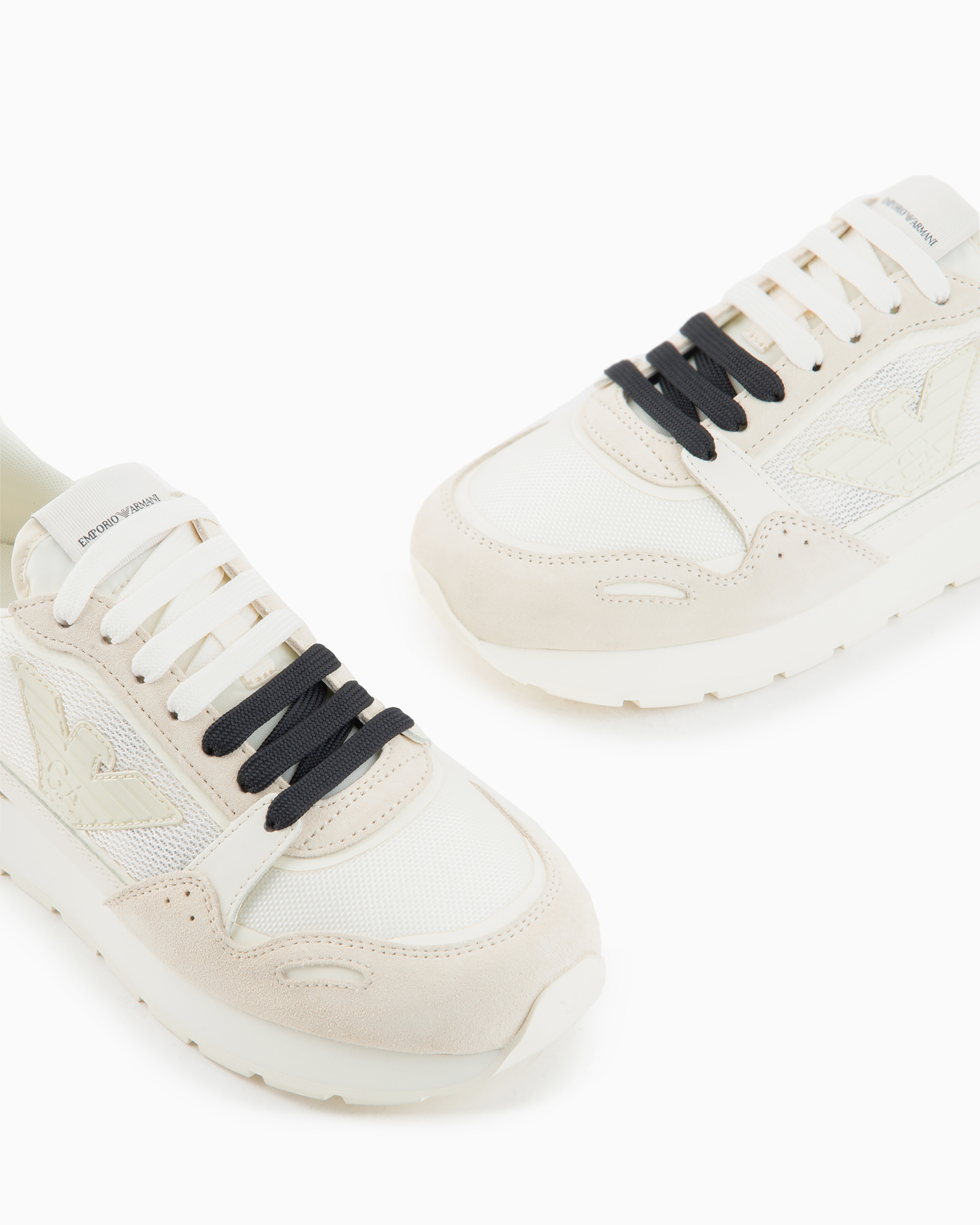 Emporio Armani Official Store Mesh Sneakers With Suede Details And Eagle Patch In Avorio