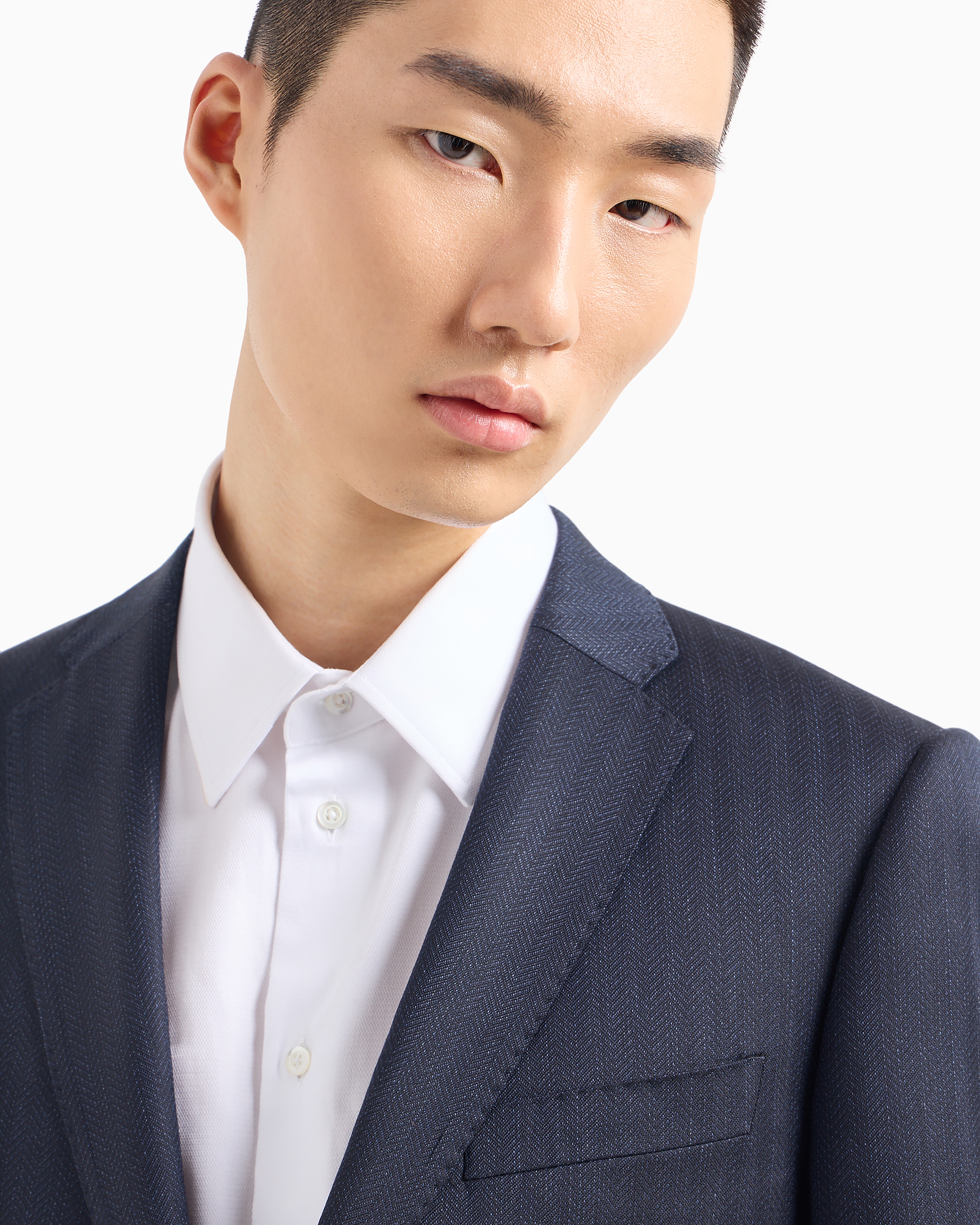 Emporio Armani Single-breasted, Slim-fit Suit In Superfine Wool With A Striped Chevron Motif In Blue