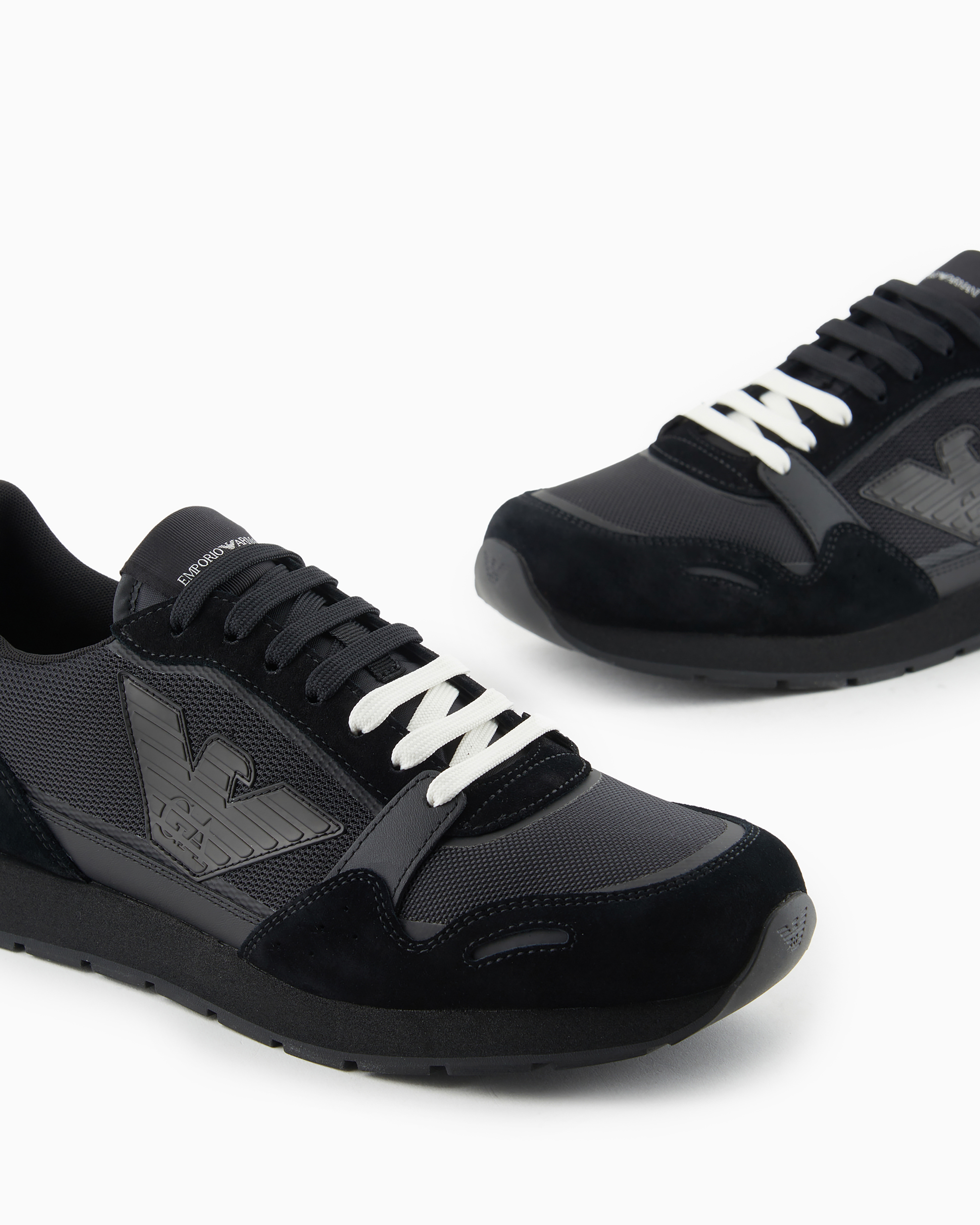 Emporio Armani Official Store Mesh Sneakers With Suede Details And Eagle Patch In Deep Black