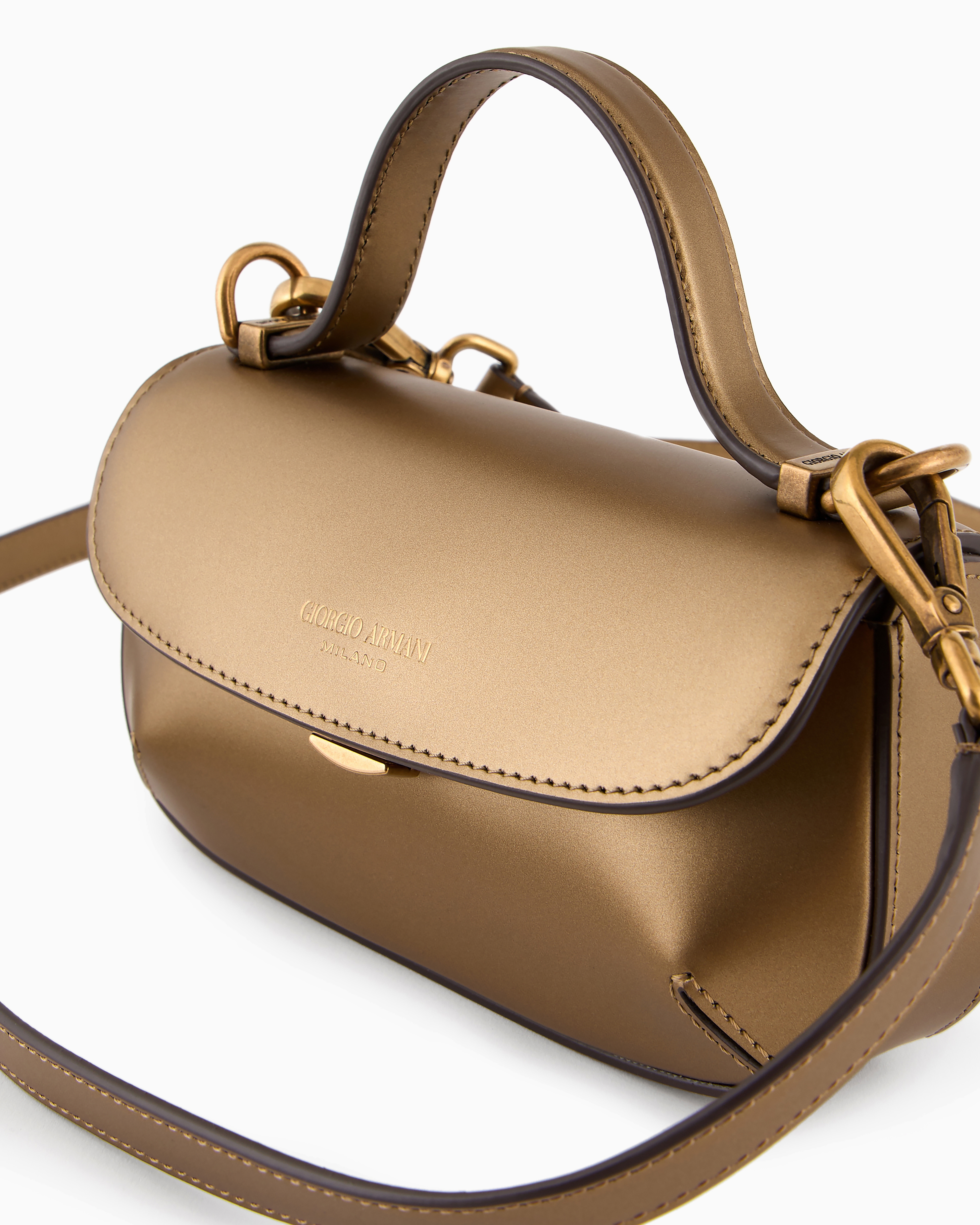 Shop Giorgio Armani Mini La Prima Lamé Leather Handbag In Gold