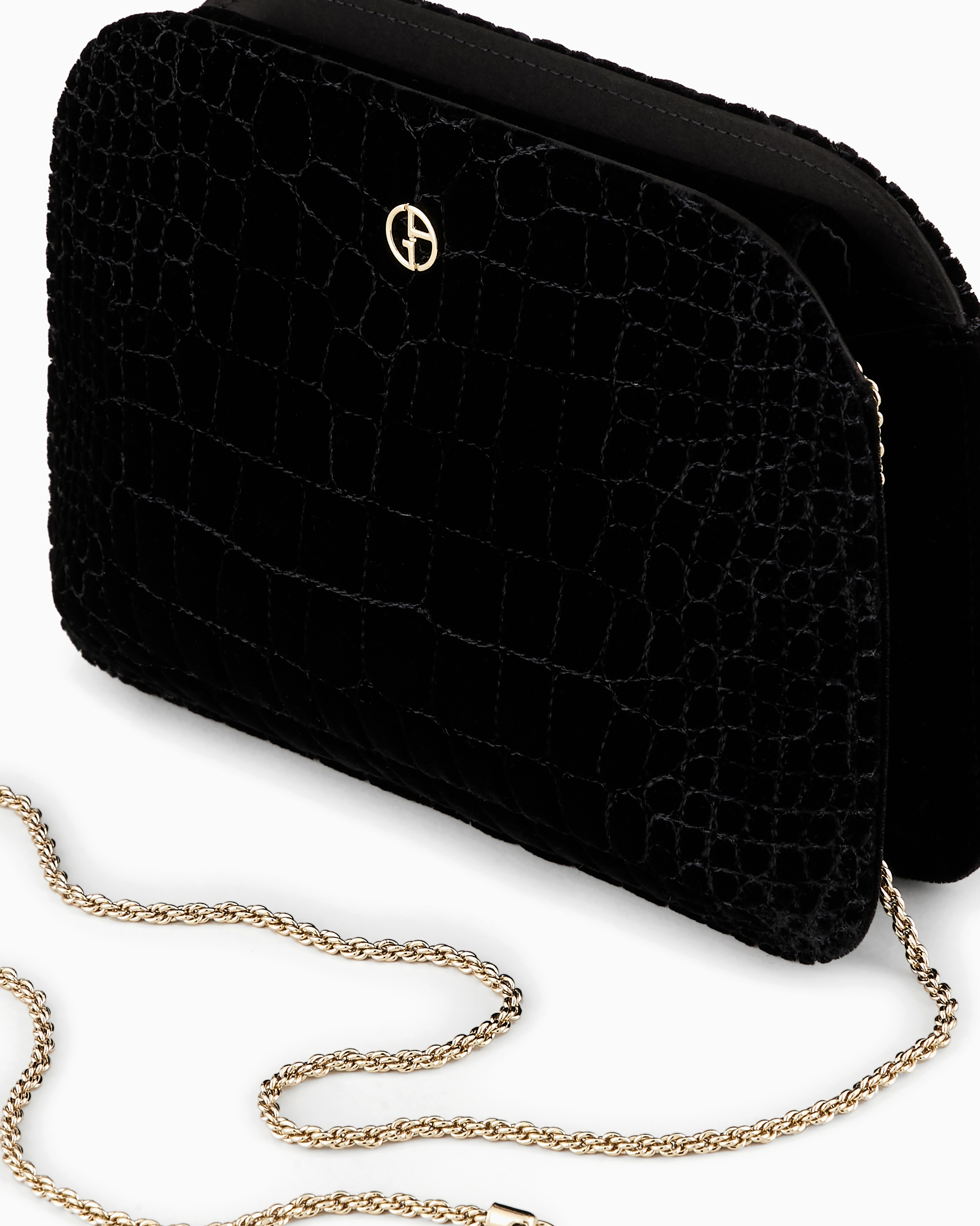 Shop Giorgio Armani La Prima Croc-quilted Velvet Clutch Bag In Black