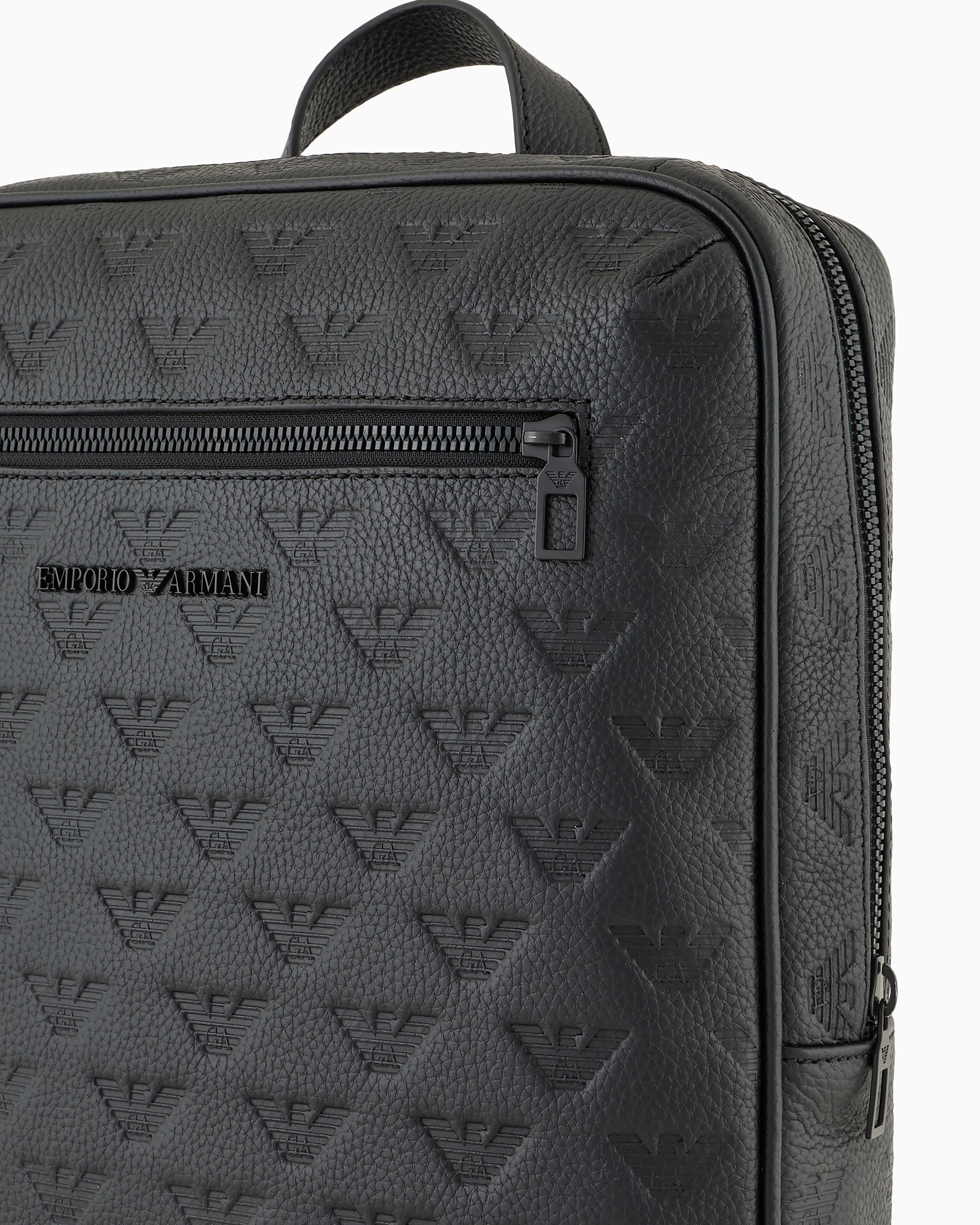 Shop Emporio Armani Slim Leather Backpack With All-over Embossed Eagle In Black