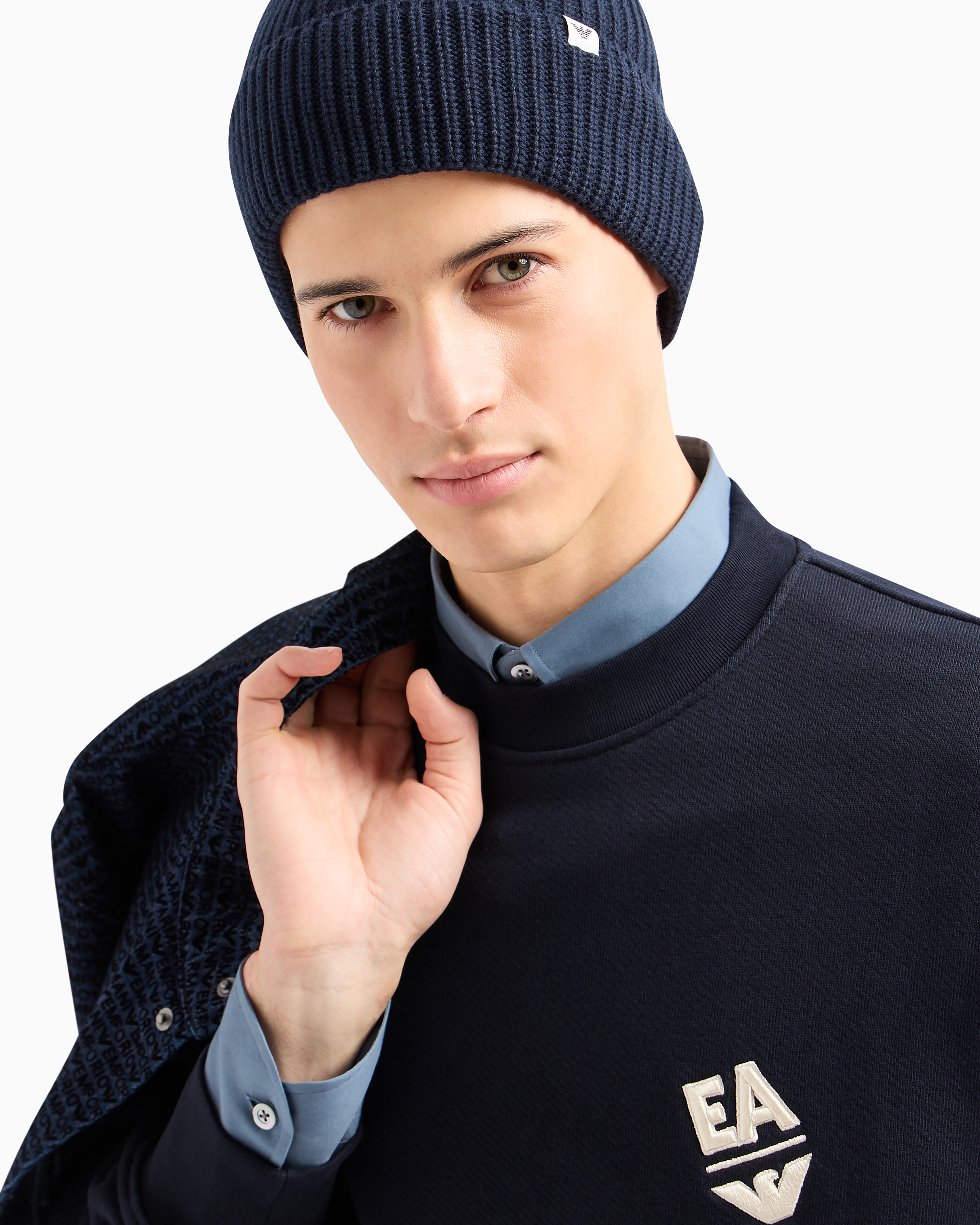 Emporio Armani Official Store Rib-knit Beanie With Turn-up Brim In Navy Blue