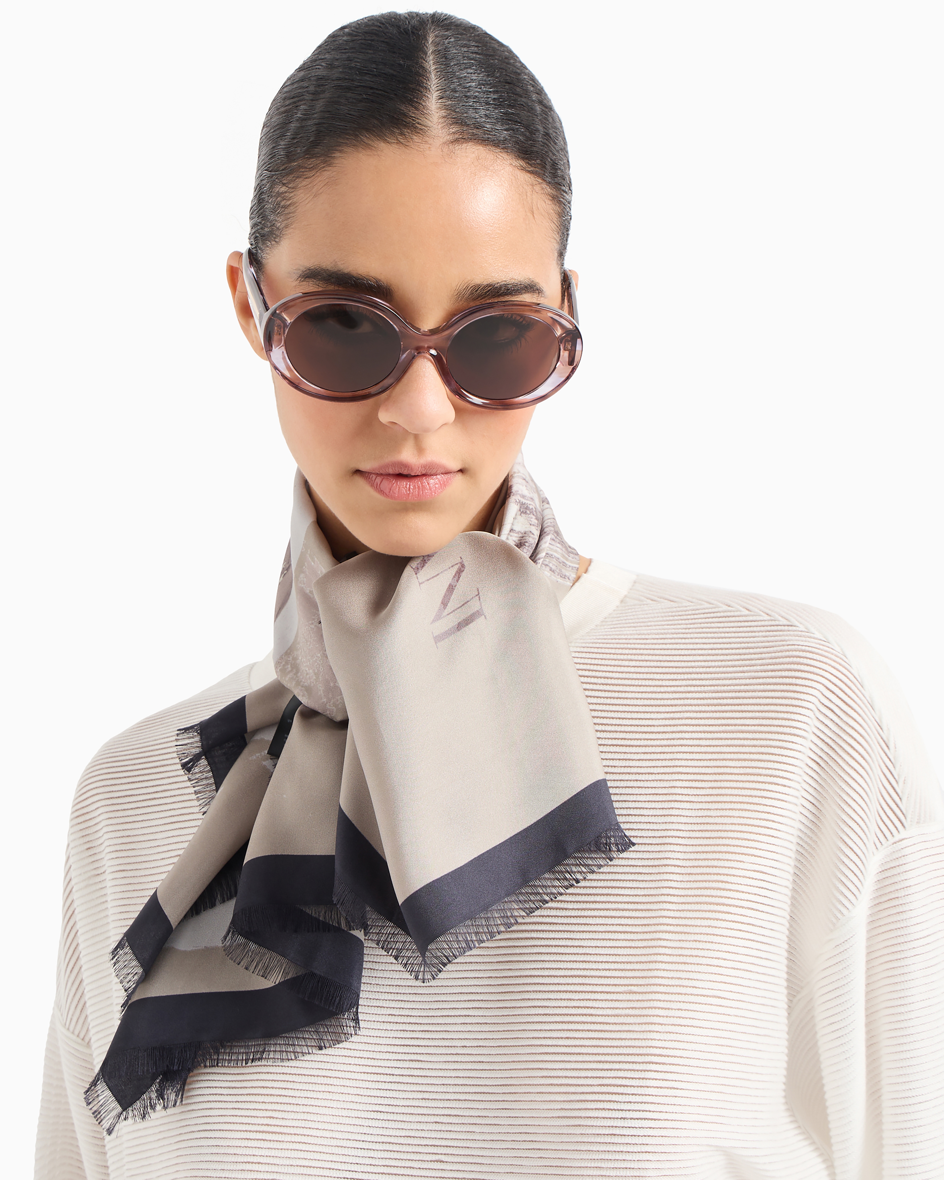 Emporio Armani Official Store Printed Silk Foulard With Fringed Edges In Beige