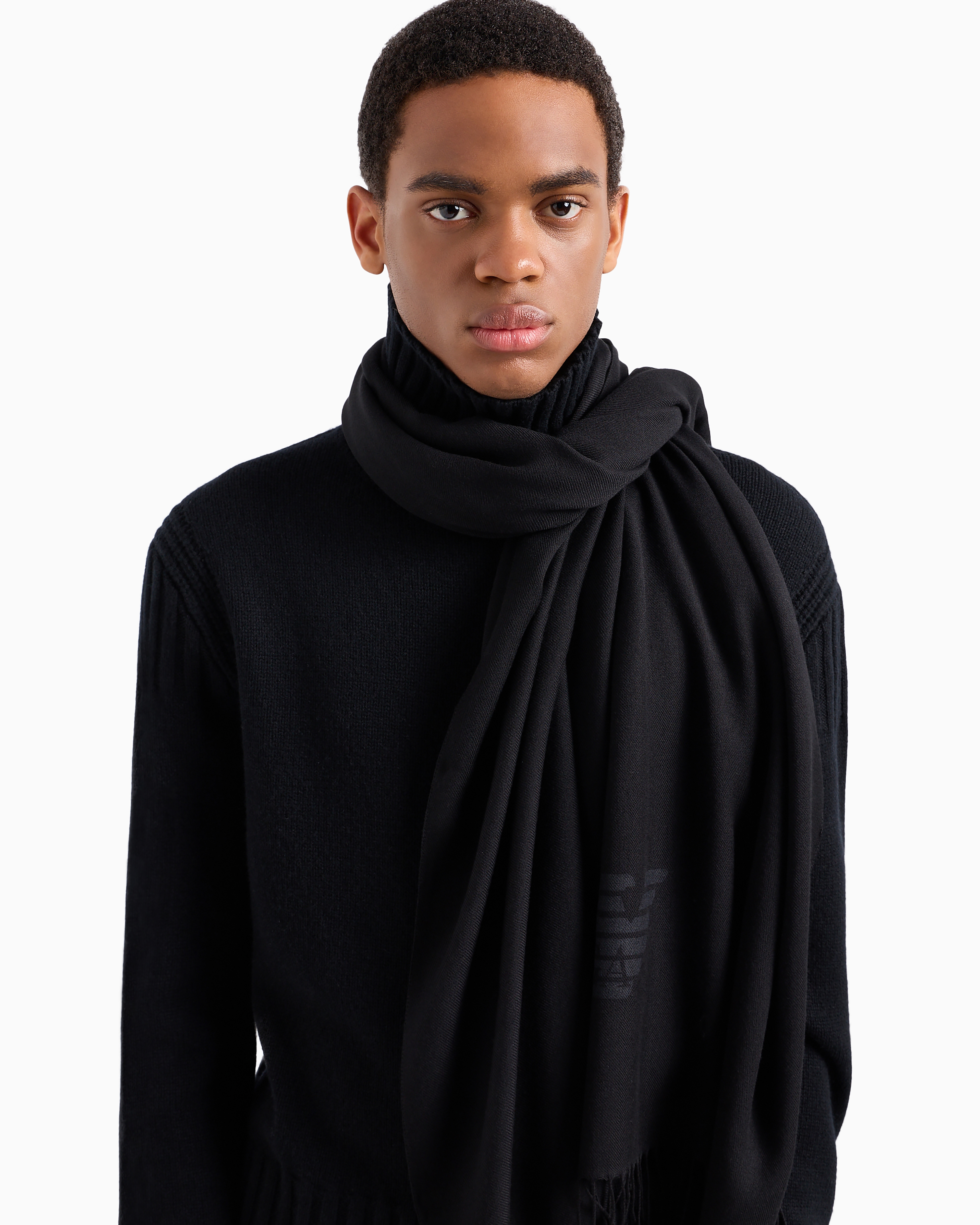 Emporio Armani Fringed Scarf With Eagle Print In Black