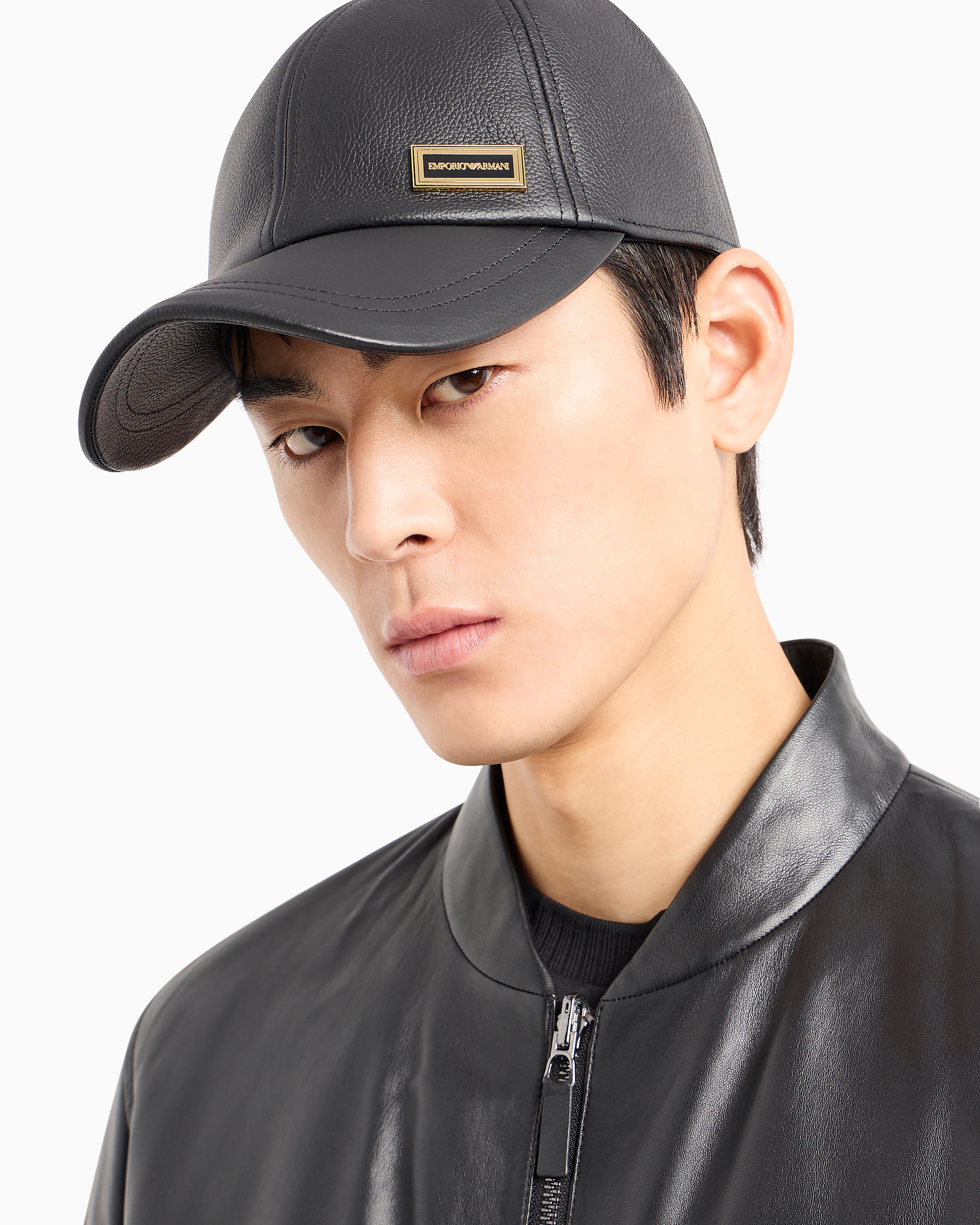 EMPORIO ARMANI HAMMERED LEATHER BASEBALL CAP 