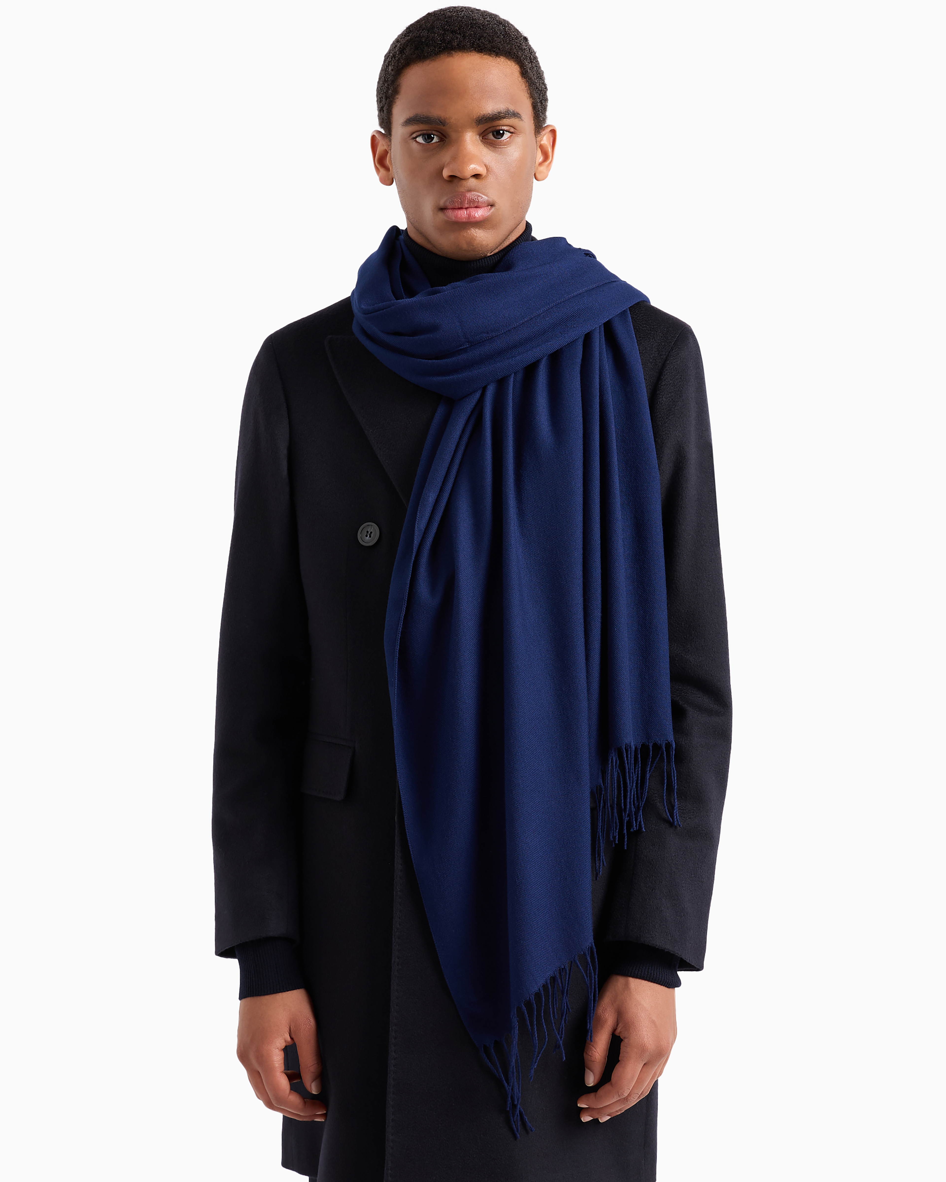 Emporio Armani Fringed Scarf With Eagle Print In Navy Blue