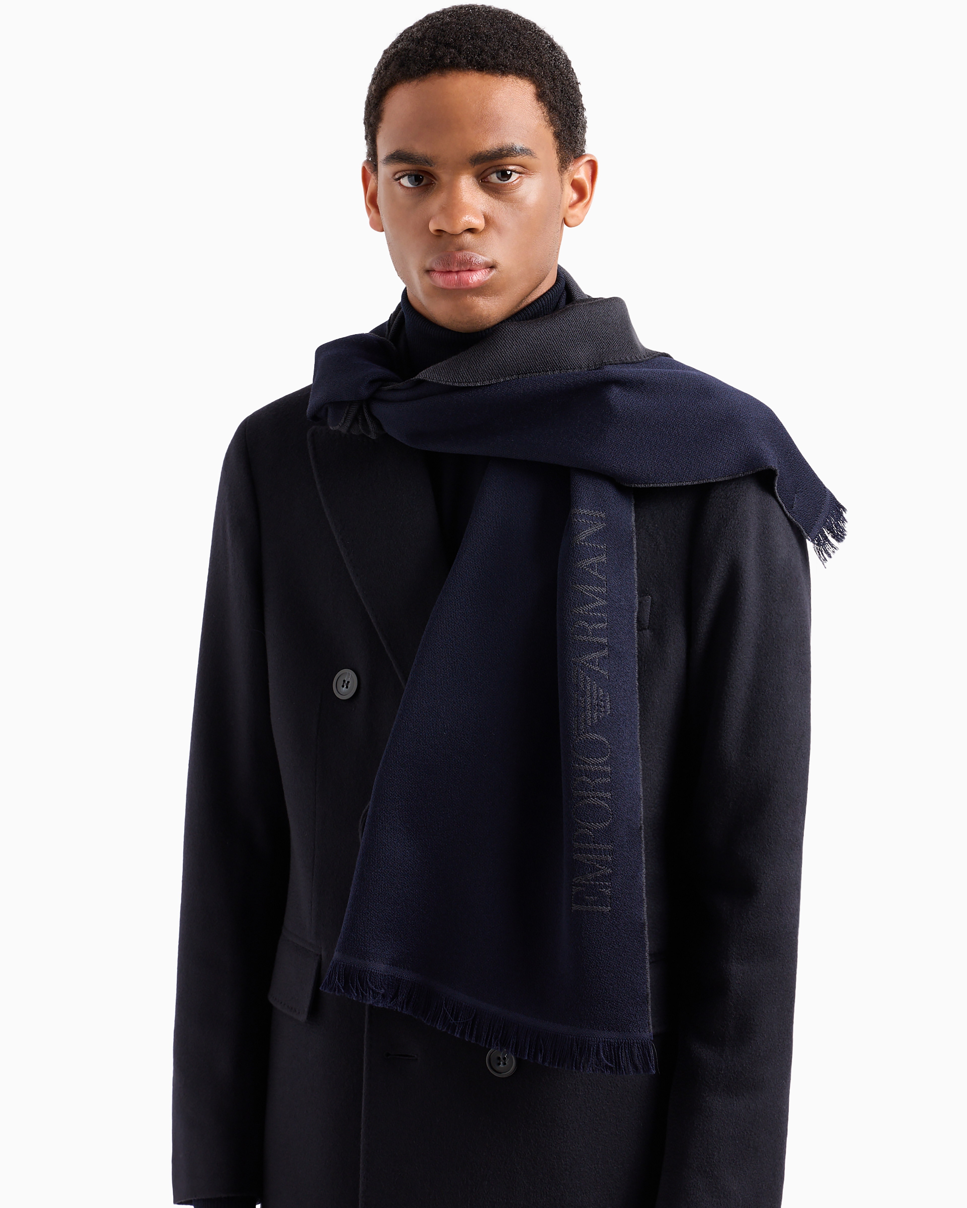Emporio Armani Official Store Wool Scarf With Jacquard Logo Lettering In Pattern