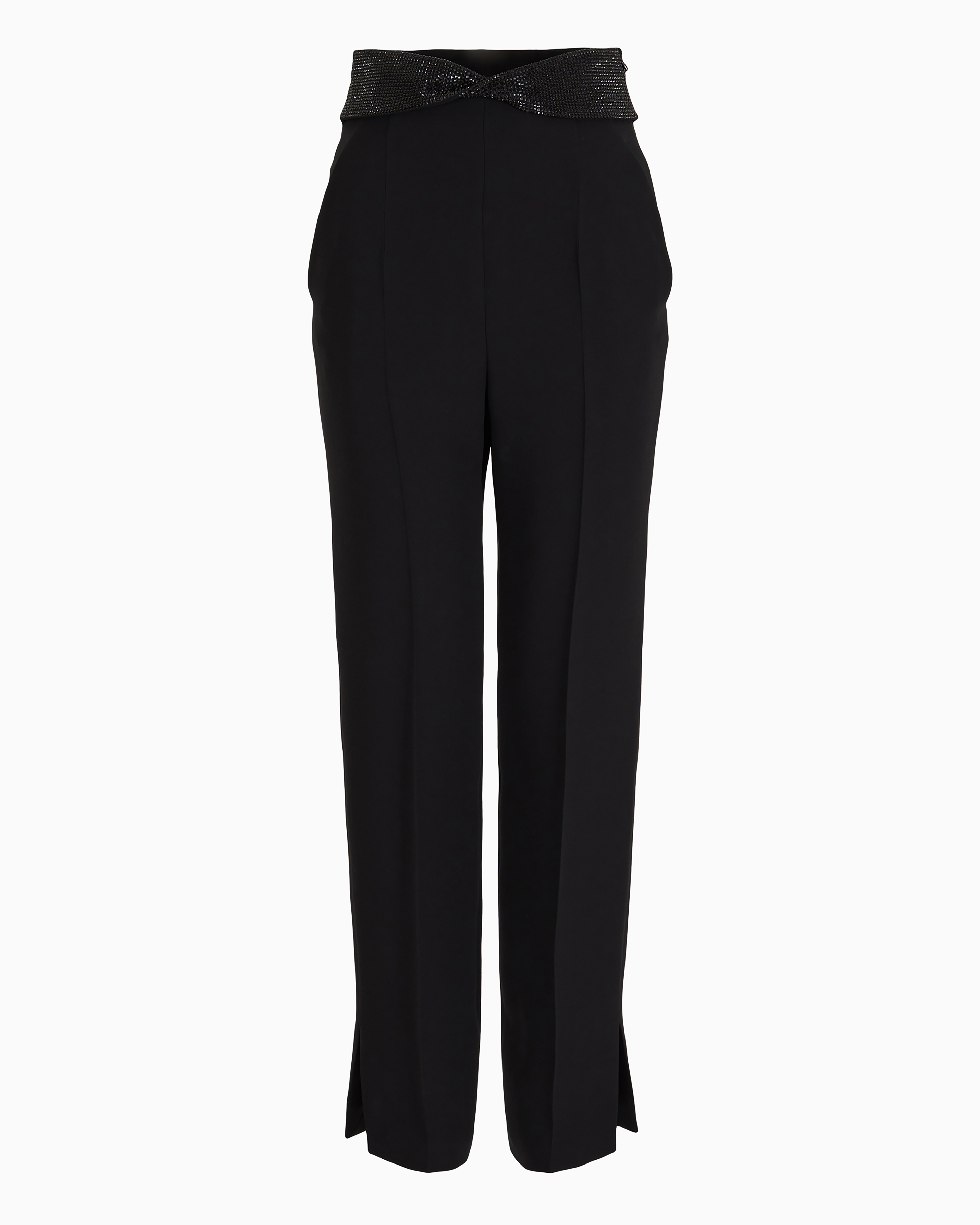 Giorgio Armani Official Store Straight Trousers In Silk Cady With Rhinestone Details In Black