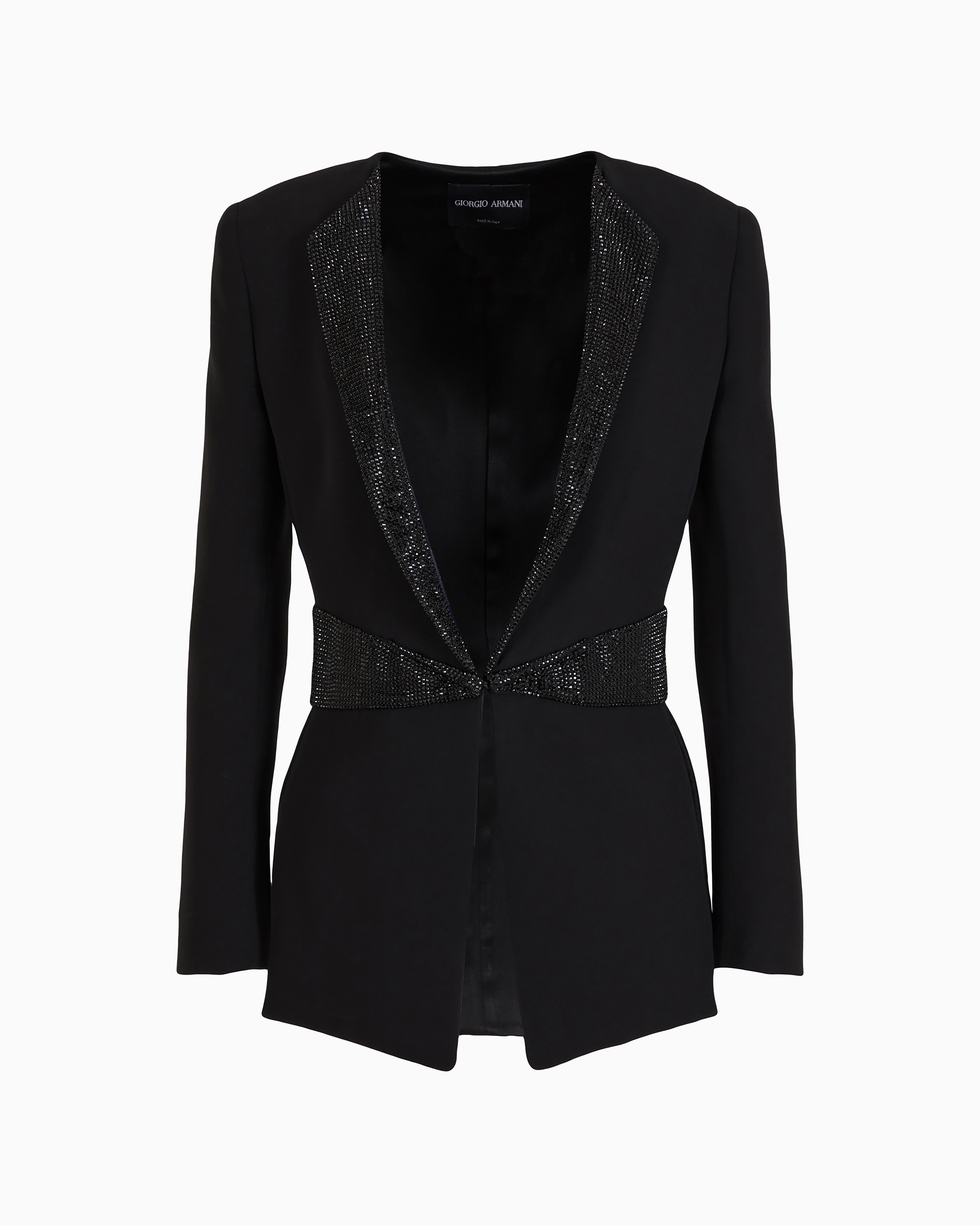 Giorgio Armani Official Store Single-breasted Jacket In Silk Cady With Rhinestone Details In Black