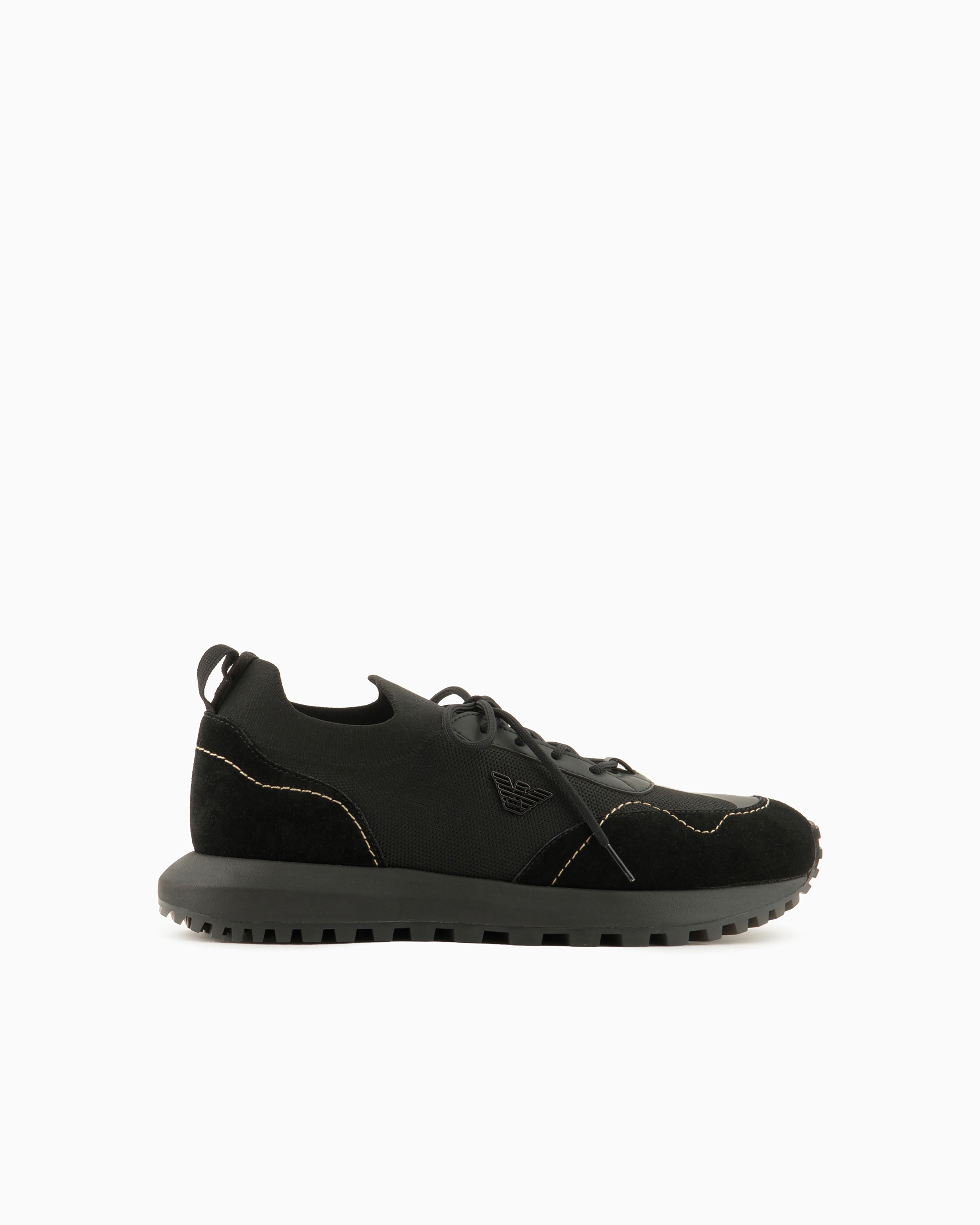 Emporio Armani Official Store Knit Sneakers With Suede Details In Black