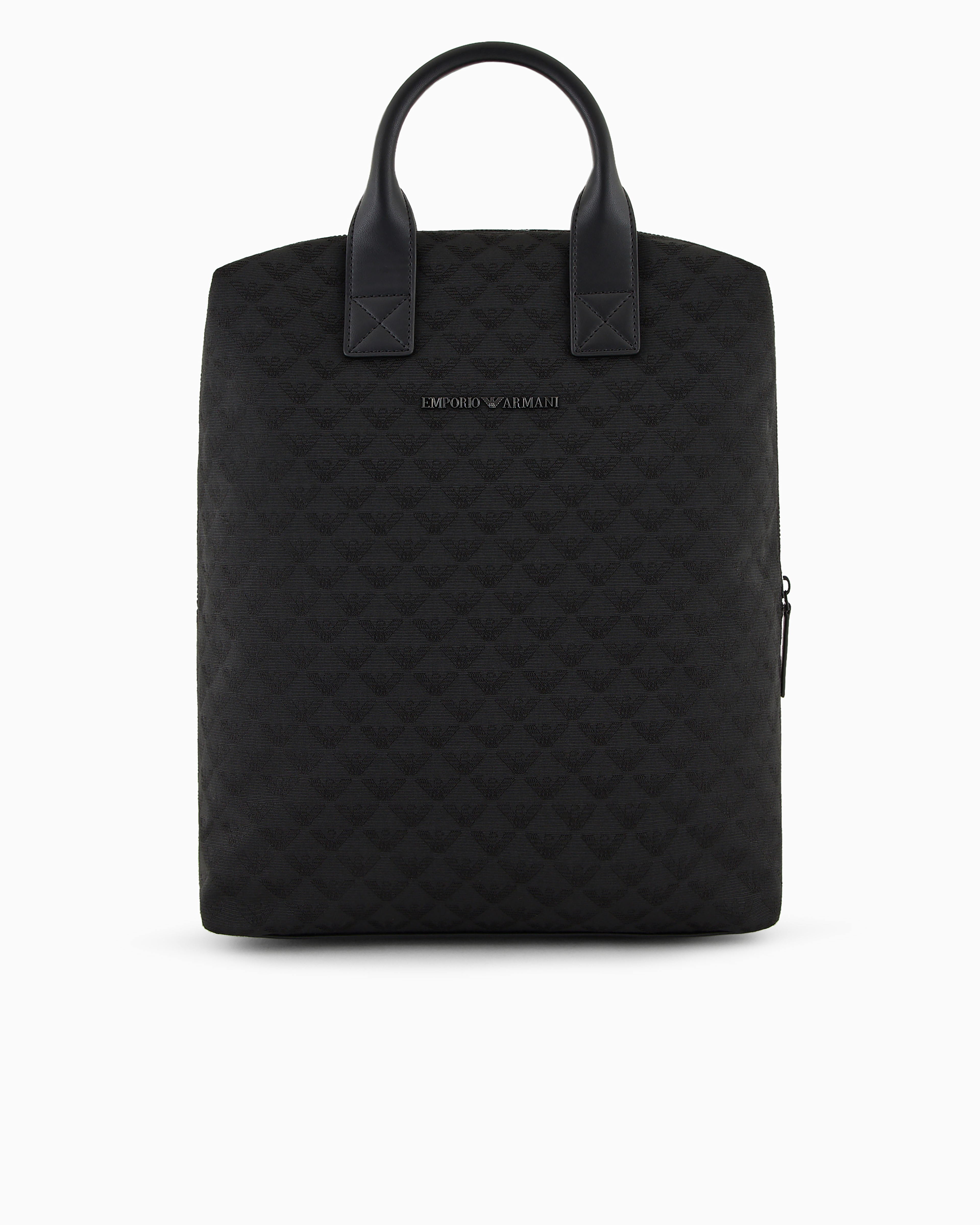 Emporio Armani Nylon Backpack With All-over Jacquard Eagle And Handles In Black