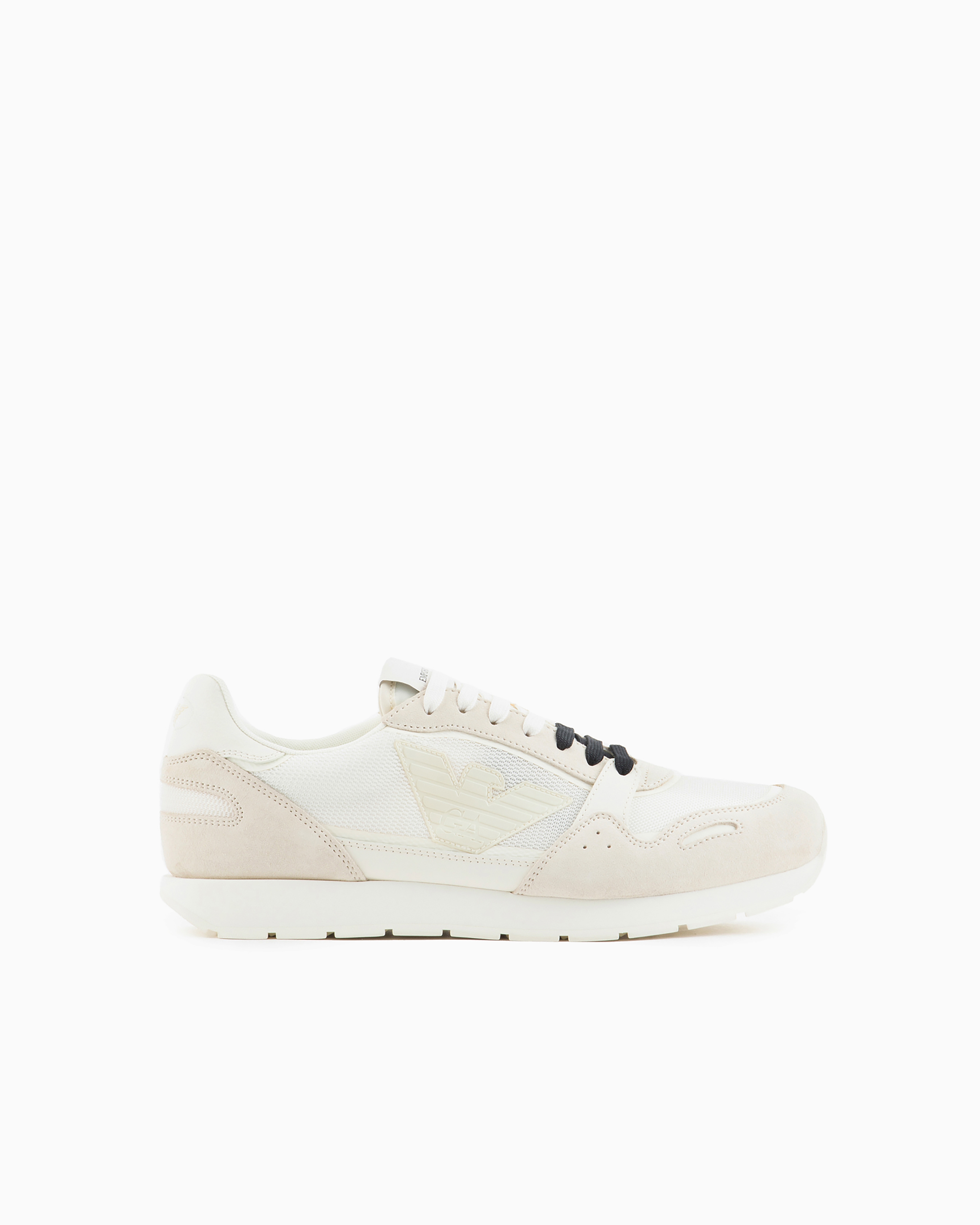 Emporio Armani Official Store Mesh Sneakers With Suede Details And Eagle Patch In White Logo