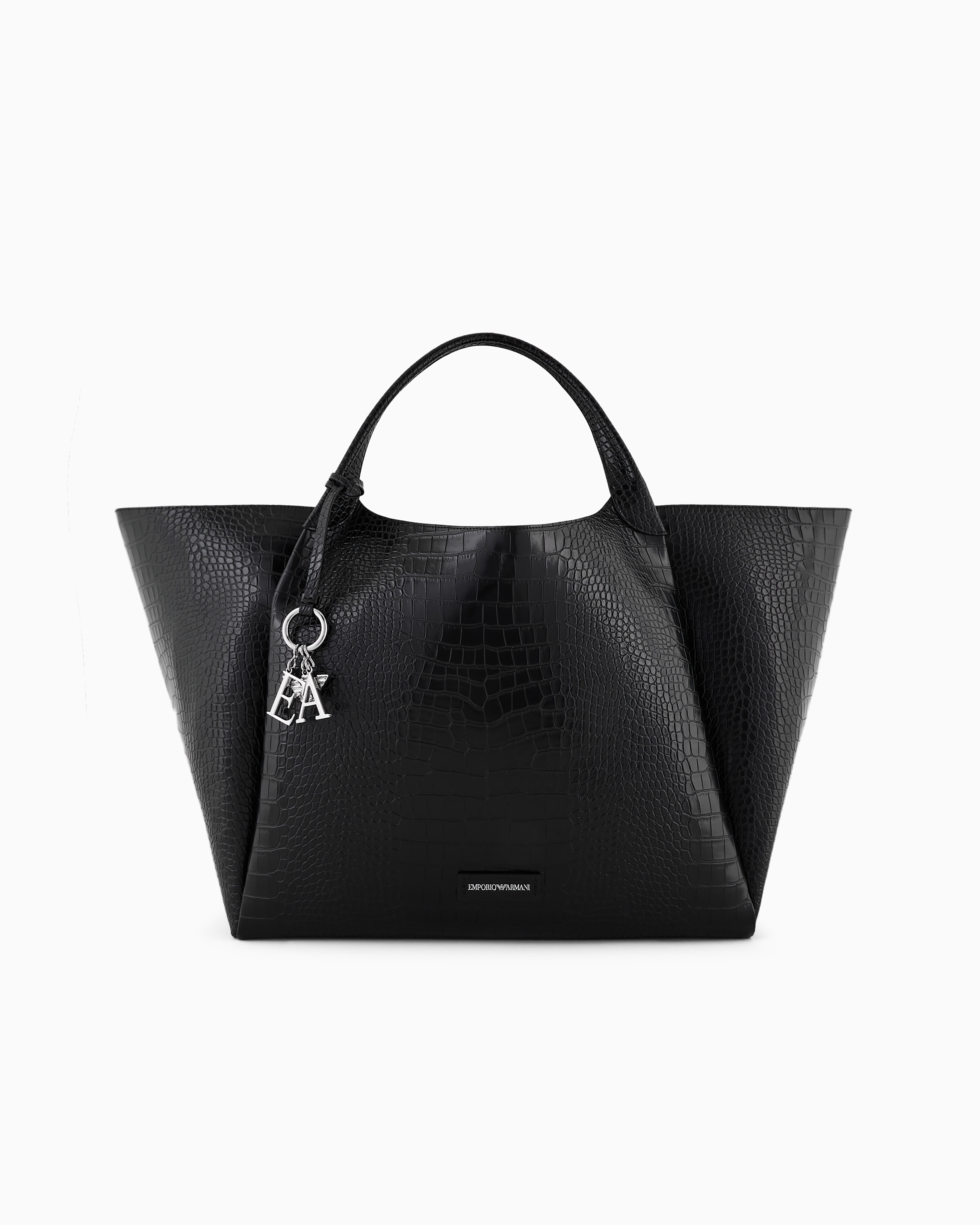 Emporio Armani Official Store Oversized Shopper Bag With Mock-croc Finish And Logo Charm In Black Logo