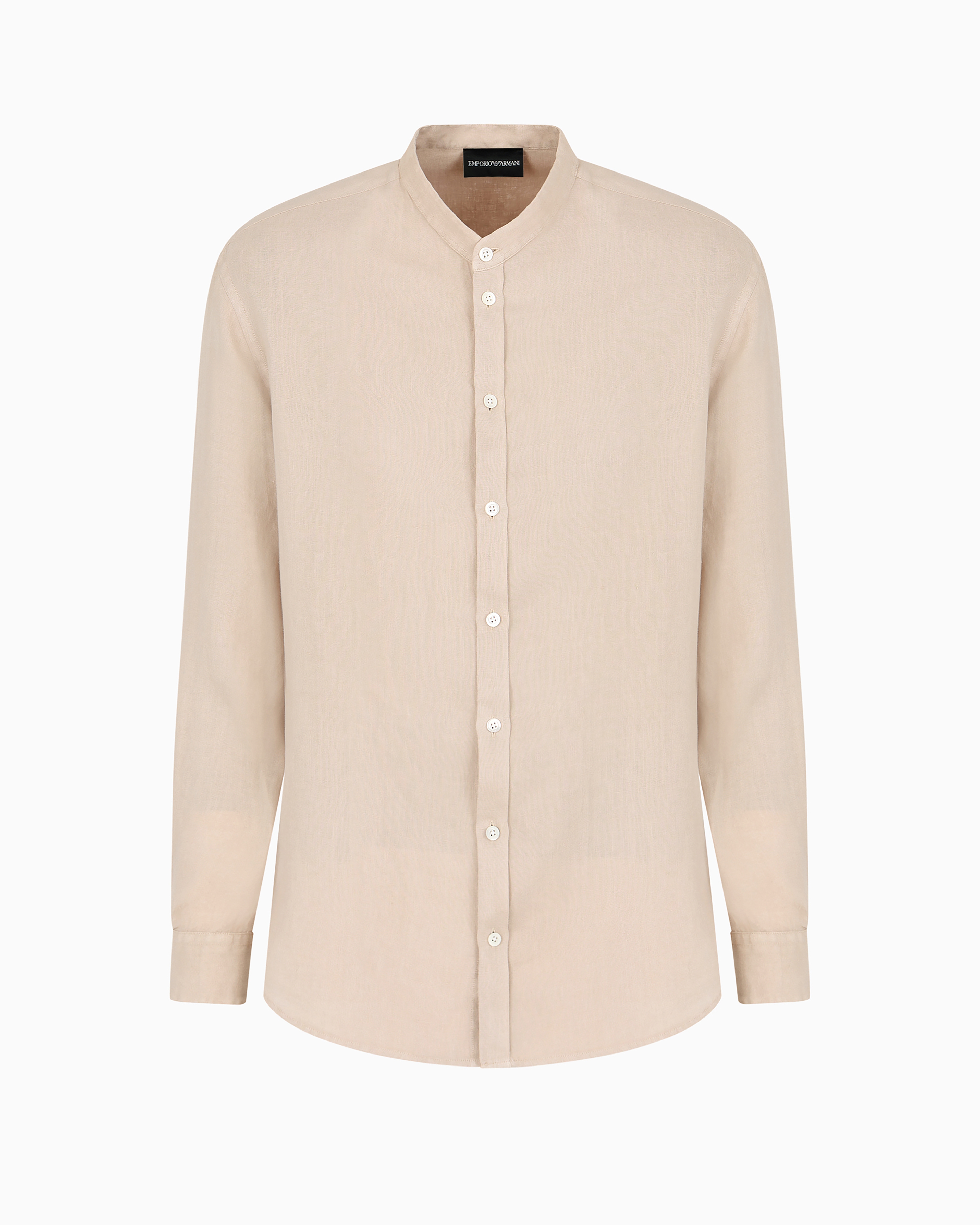 Emporio Armani Official Store Garment-dyed Linen Shirt With Guru Collar In Brown