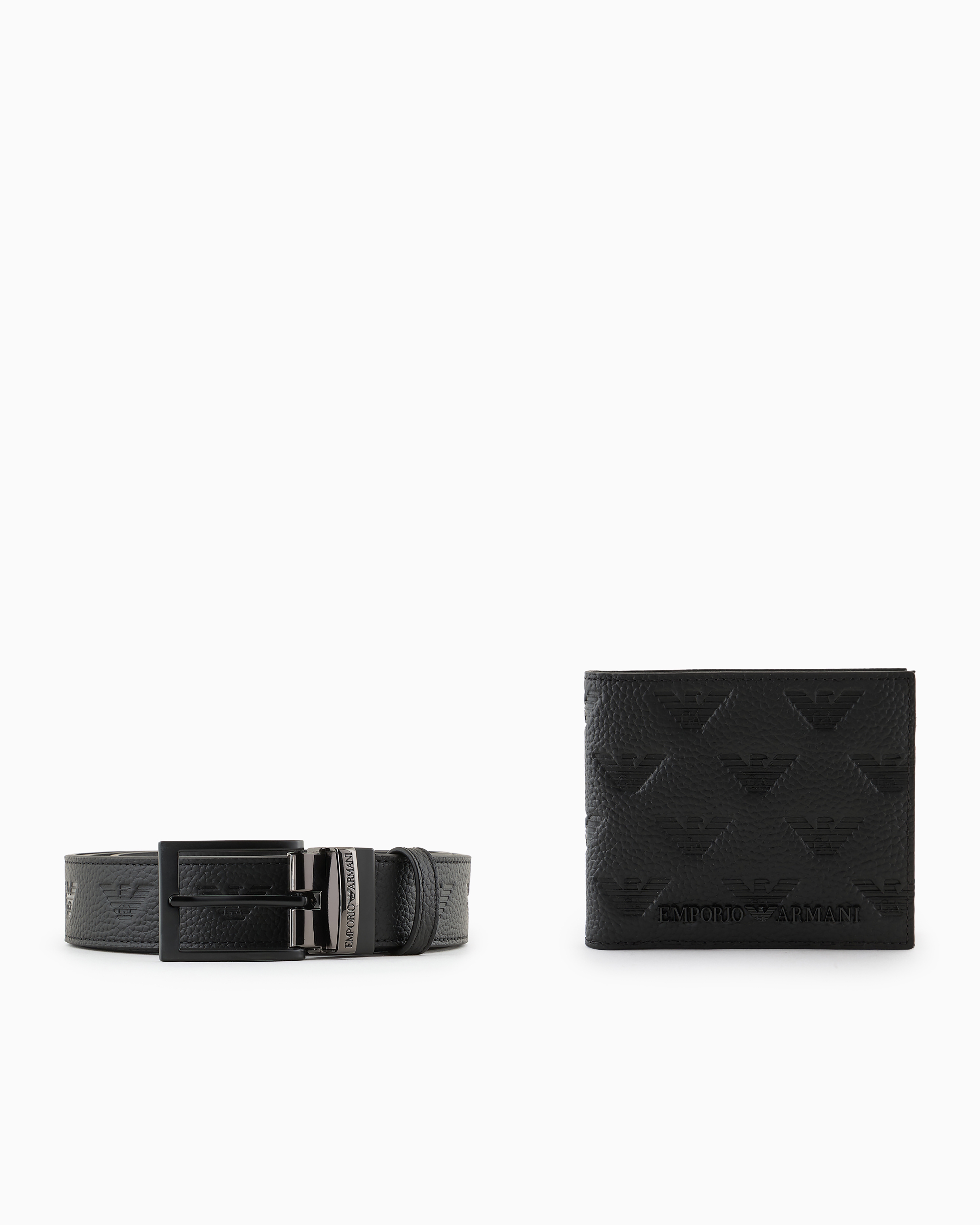 Emporio Armani Official Store Gift Box With Leather Wallet And Belt With All-over Embossed Eagle In Black