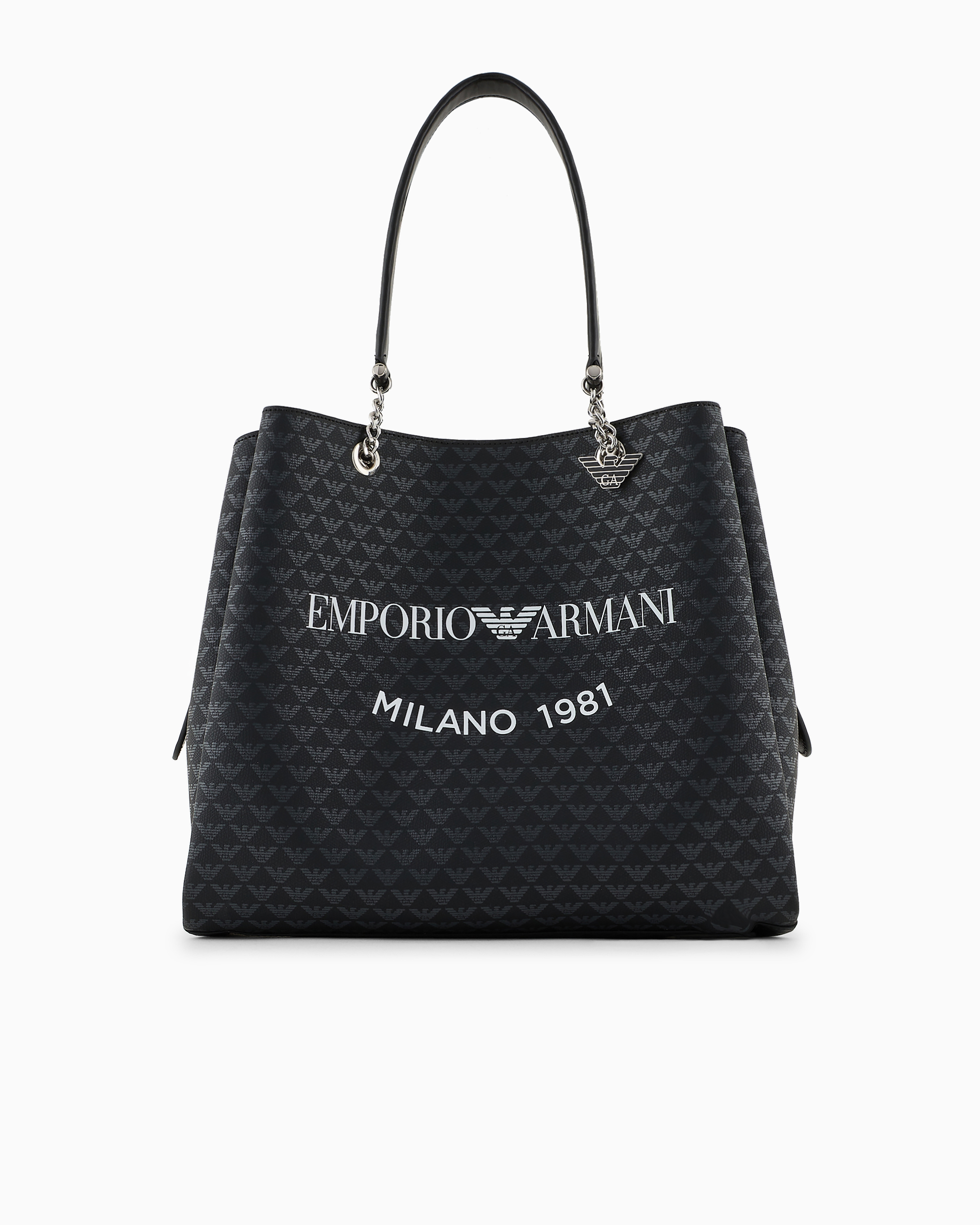 Emporio Armani Official Store All-over Eagle Shopper Bag With Eagle Charm In Black