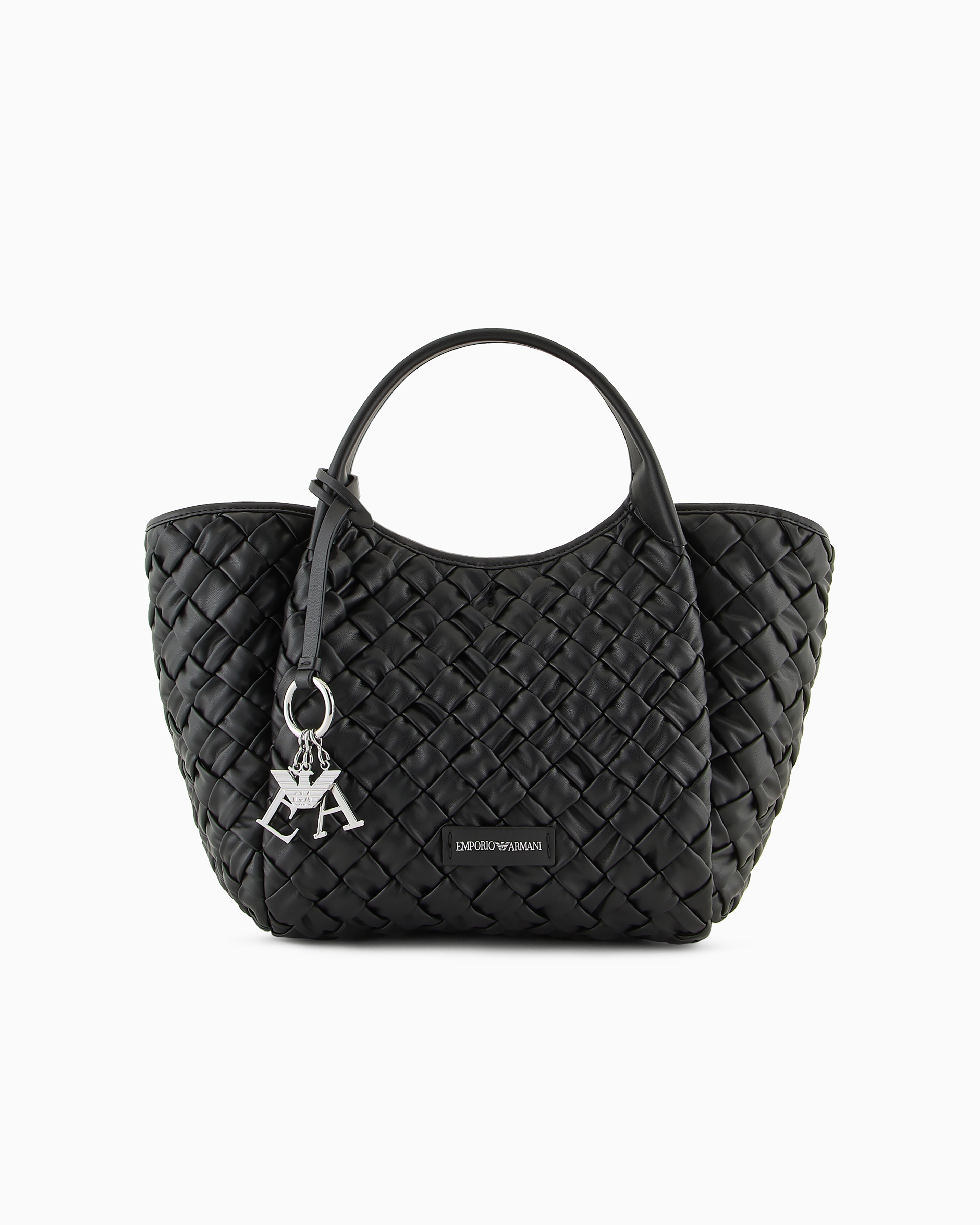 Emporio Armani Nappa Leather-effect Interwoven Shopper Bag With Logo Charm In Black