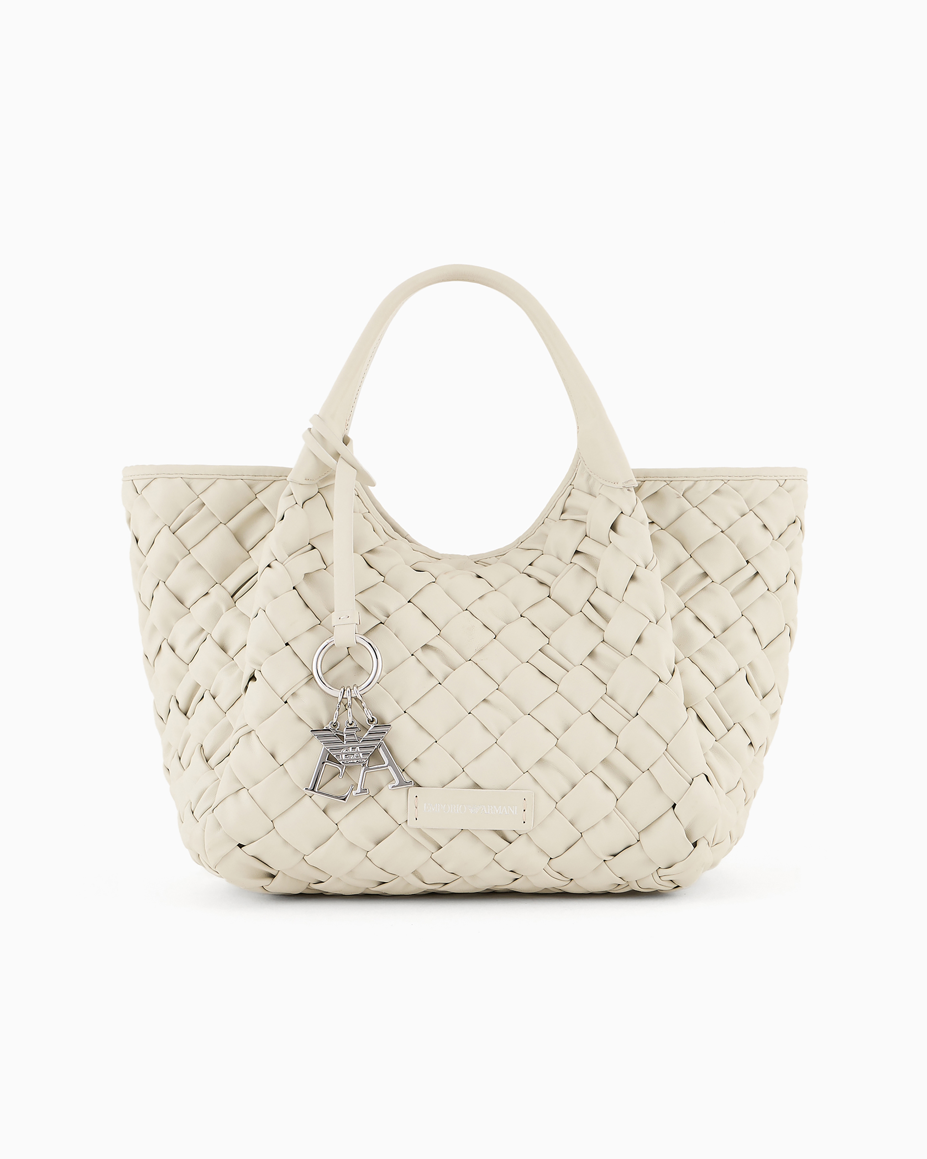 Emporio Armani Nappa Leather-effect Interwoven Shopper Bag With Logo Charm In Neutral