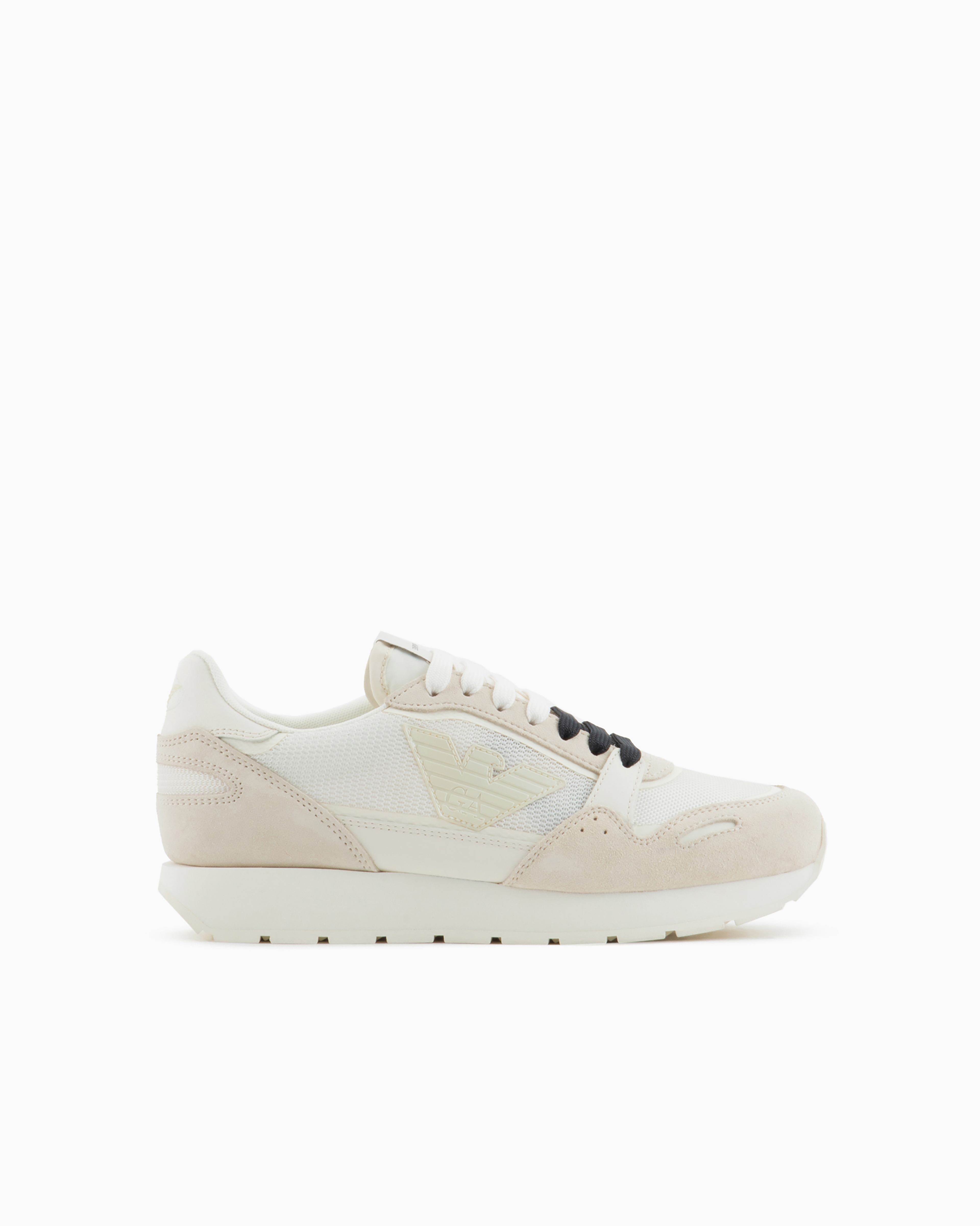 Emporio Armani Official Store Mesh Sneakers With Suede Details And Eagle Patch In Avorio