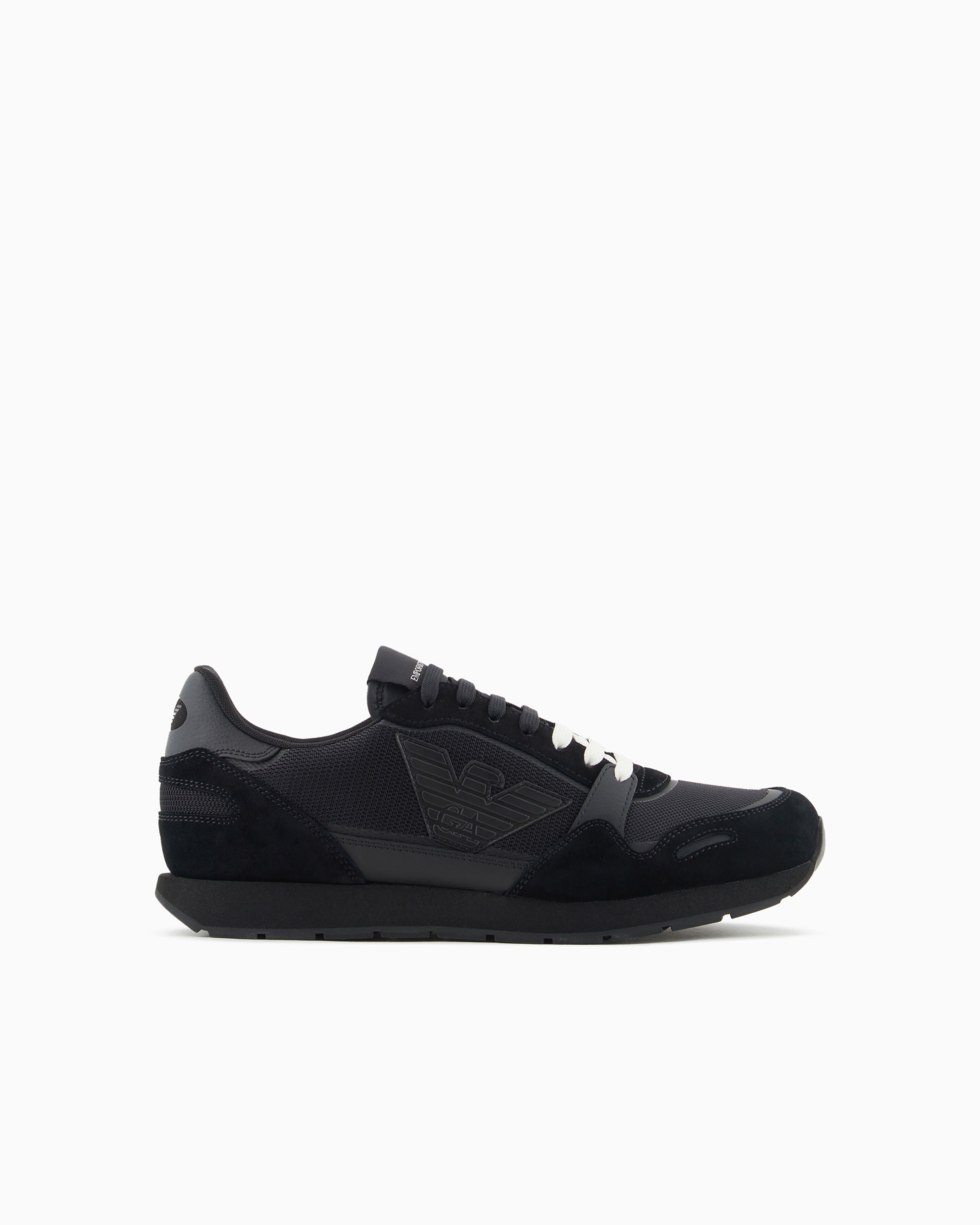 Emporio Armani Official Store Mesh Sneakers With Suede Details And Eagle Patch In Deep Black