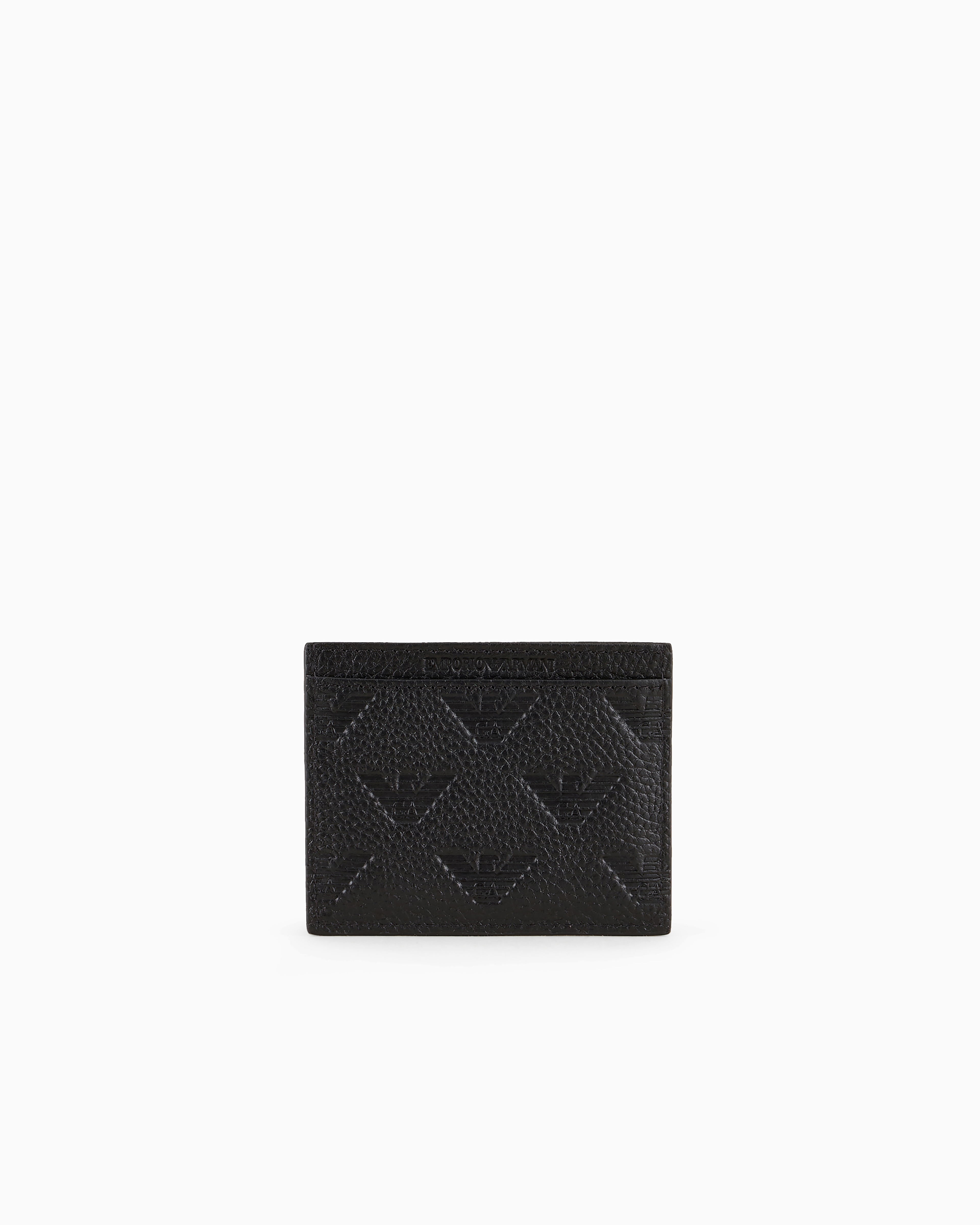 Emporio Armani Leather Card Holder With All-over Embossed Eagle In Black