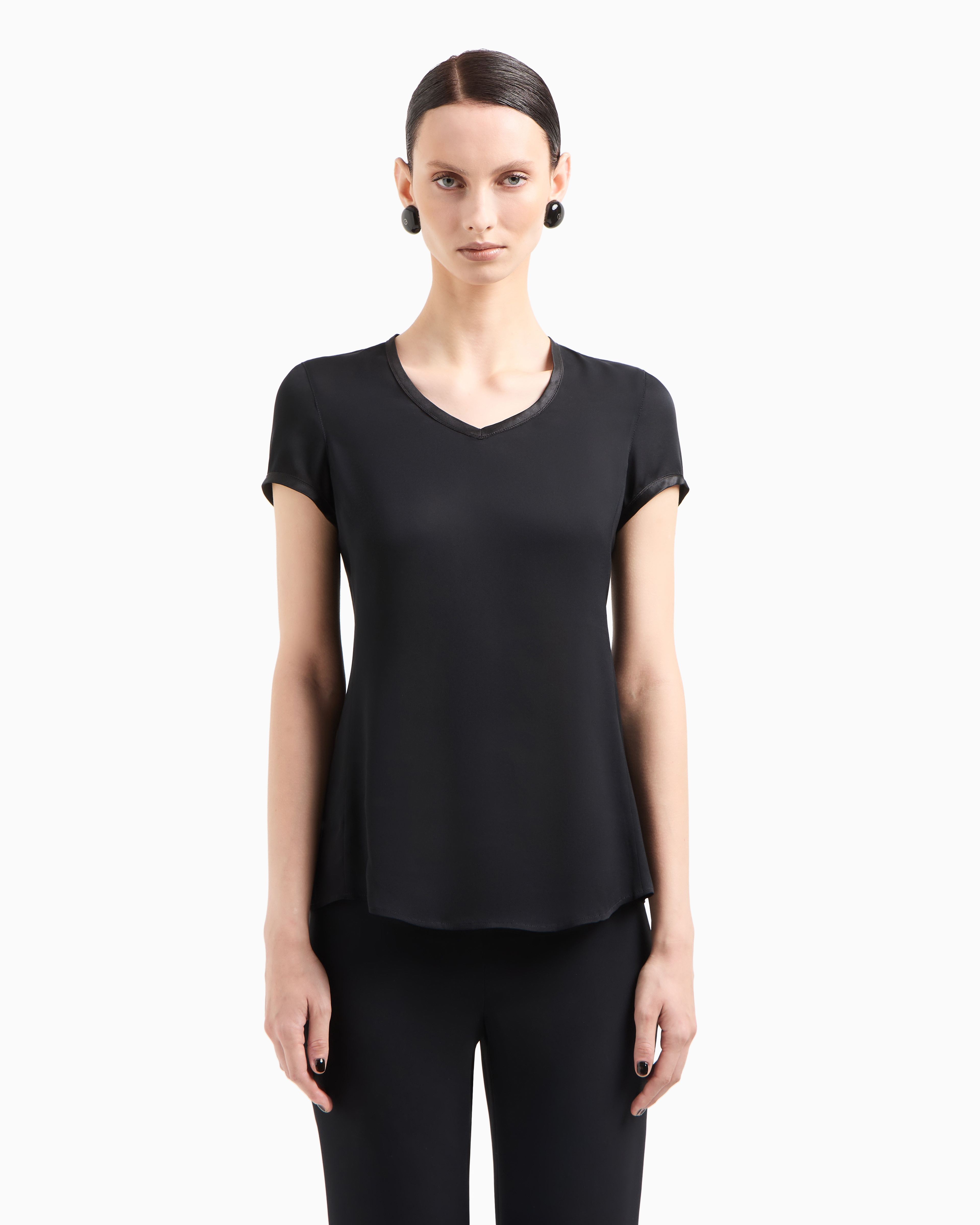 Giorgio Armani Silk Charmeuse Blouse With V Neckline In Black
