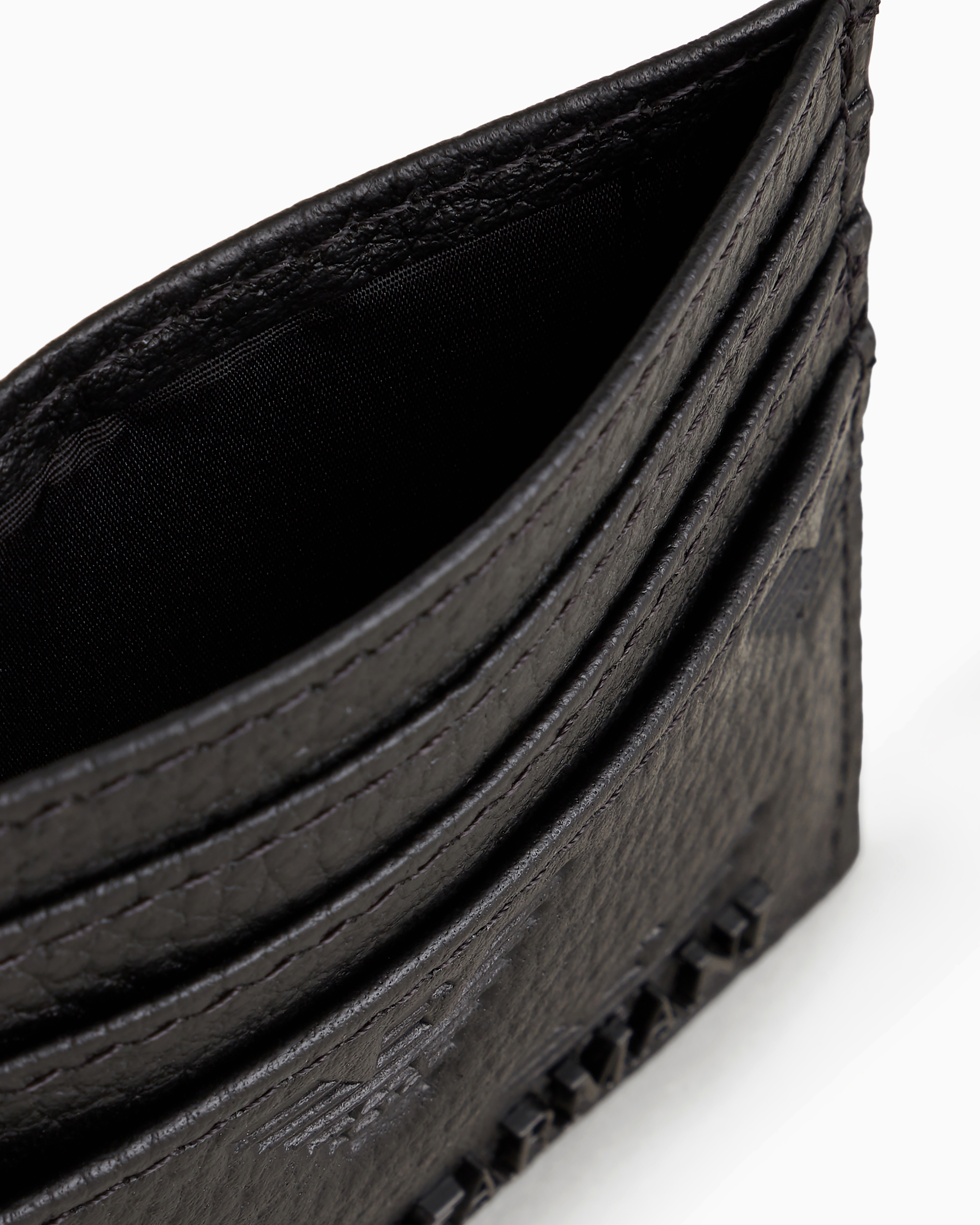Emporio Armani Leather Card Holder With All-over Embossed Eagle In Black