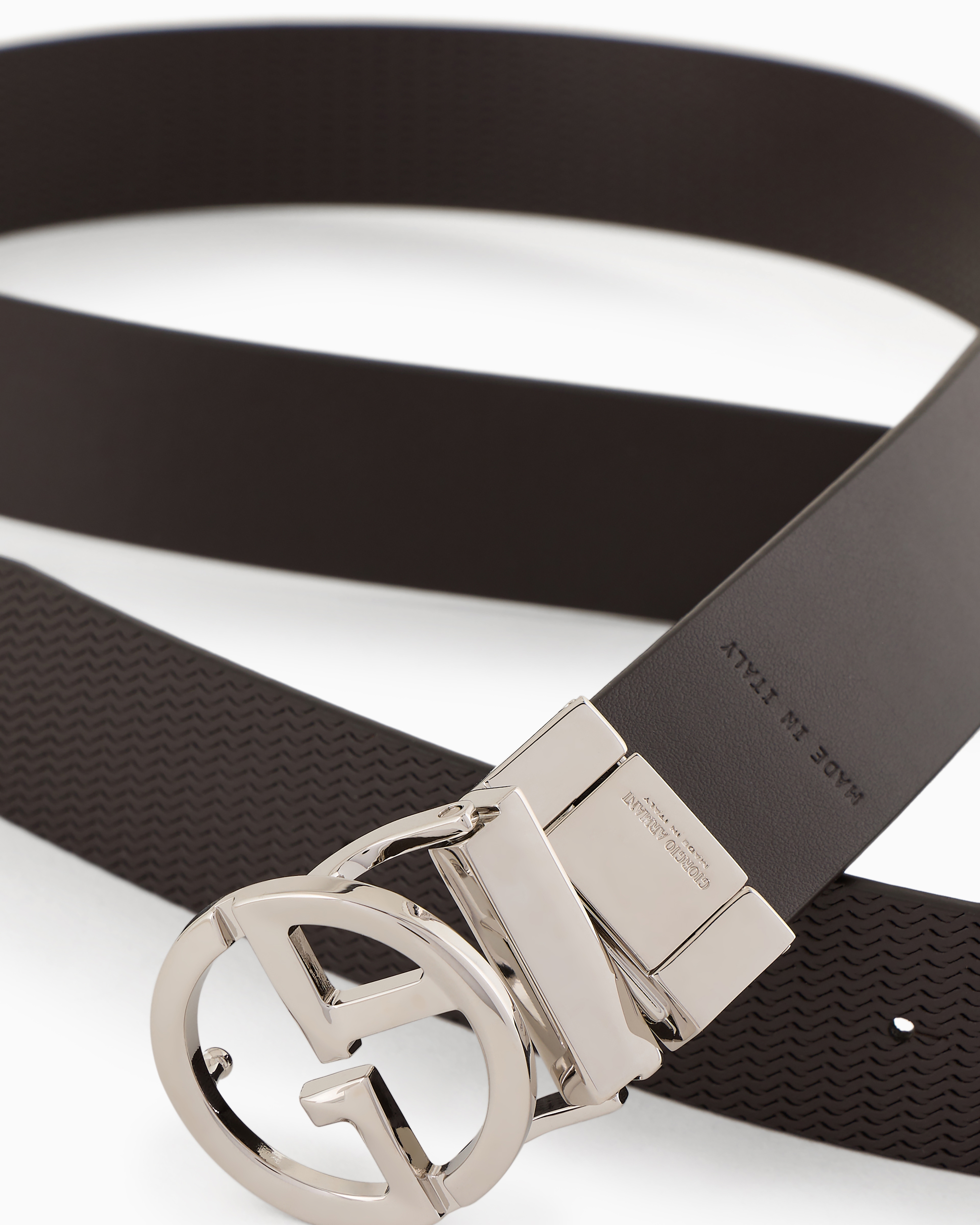 Giorgio Armani Official Store Printed Leather Belt With Logo In Dark Brown