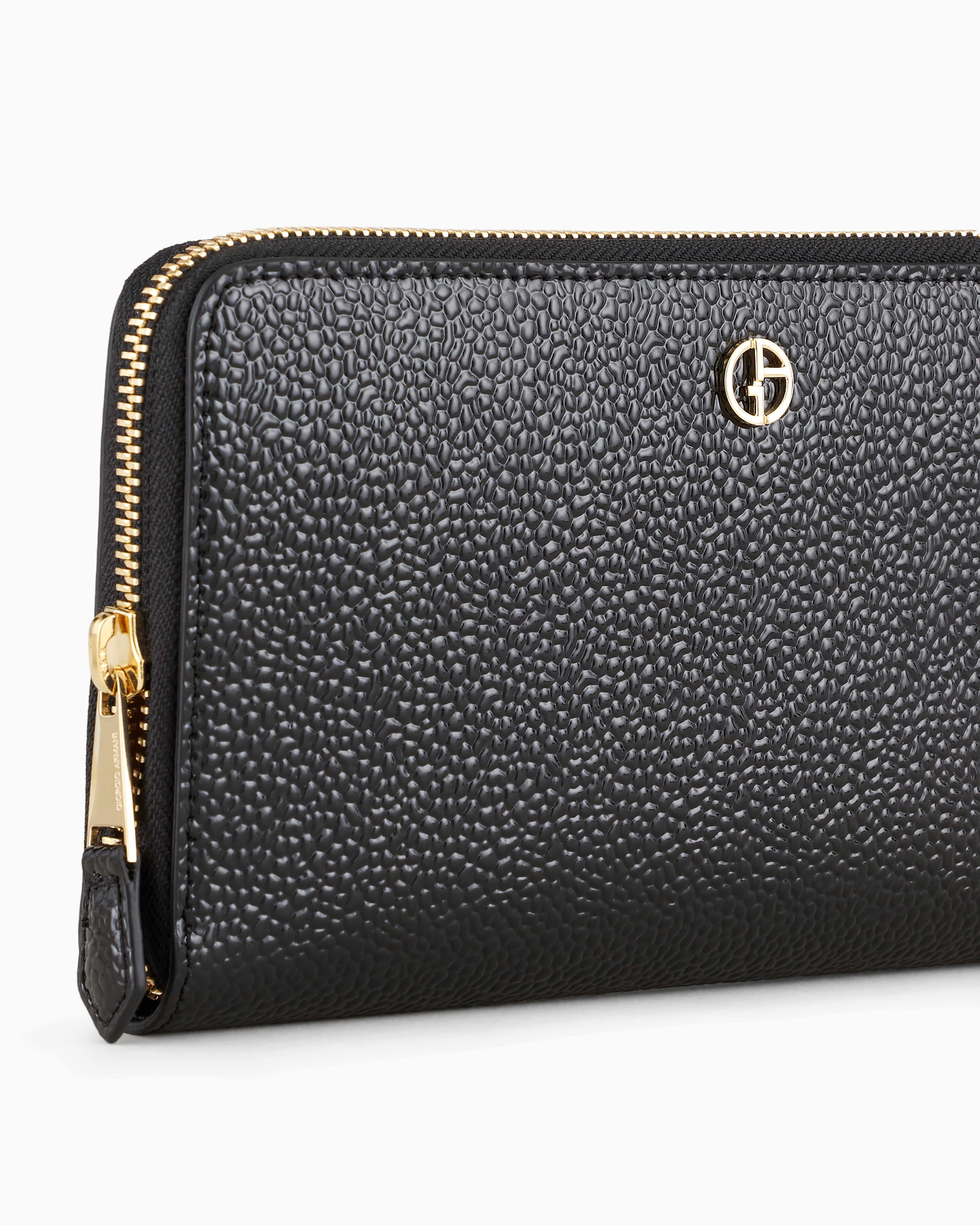 GIORGIO ARMANI LA PRIMA WRAP-AROUND ZIP WALLET IN PEBBLED PATENT LEATHER 