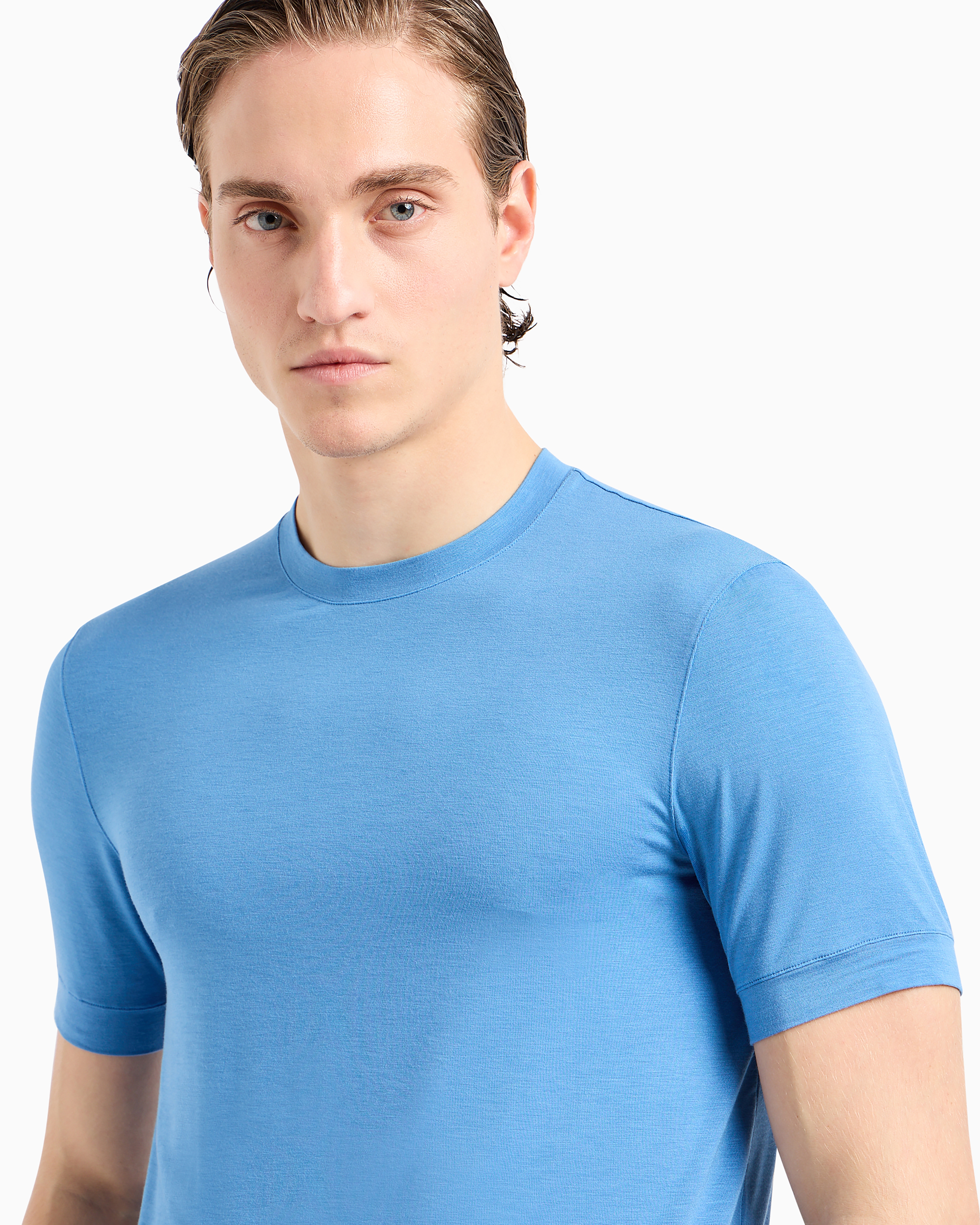 Shop Giorgio Armani Crew-neck Long-sleeved T-shirt In Stretch Viscose Jersey In Blue