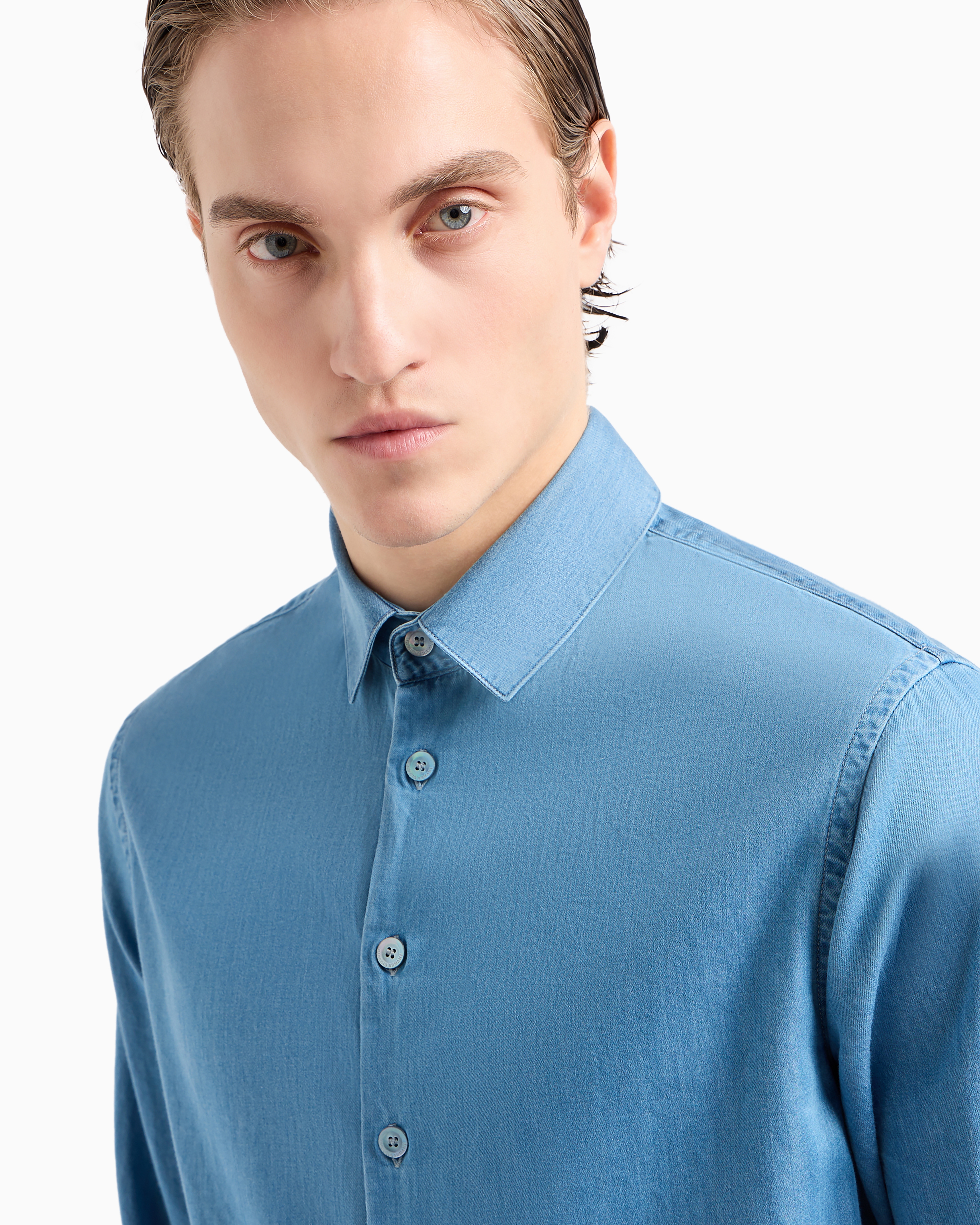 Giorgio Armani Official Store Denim Collection Cotton Denim Shirt In Light Blue
