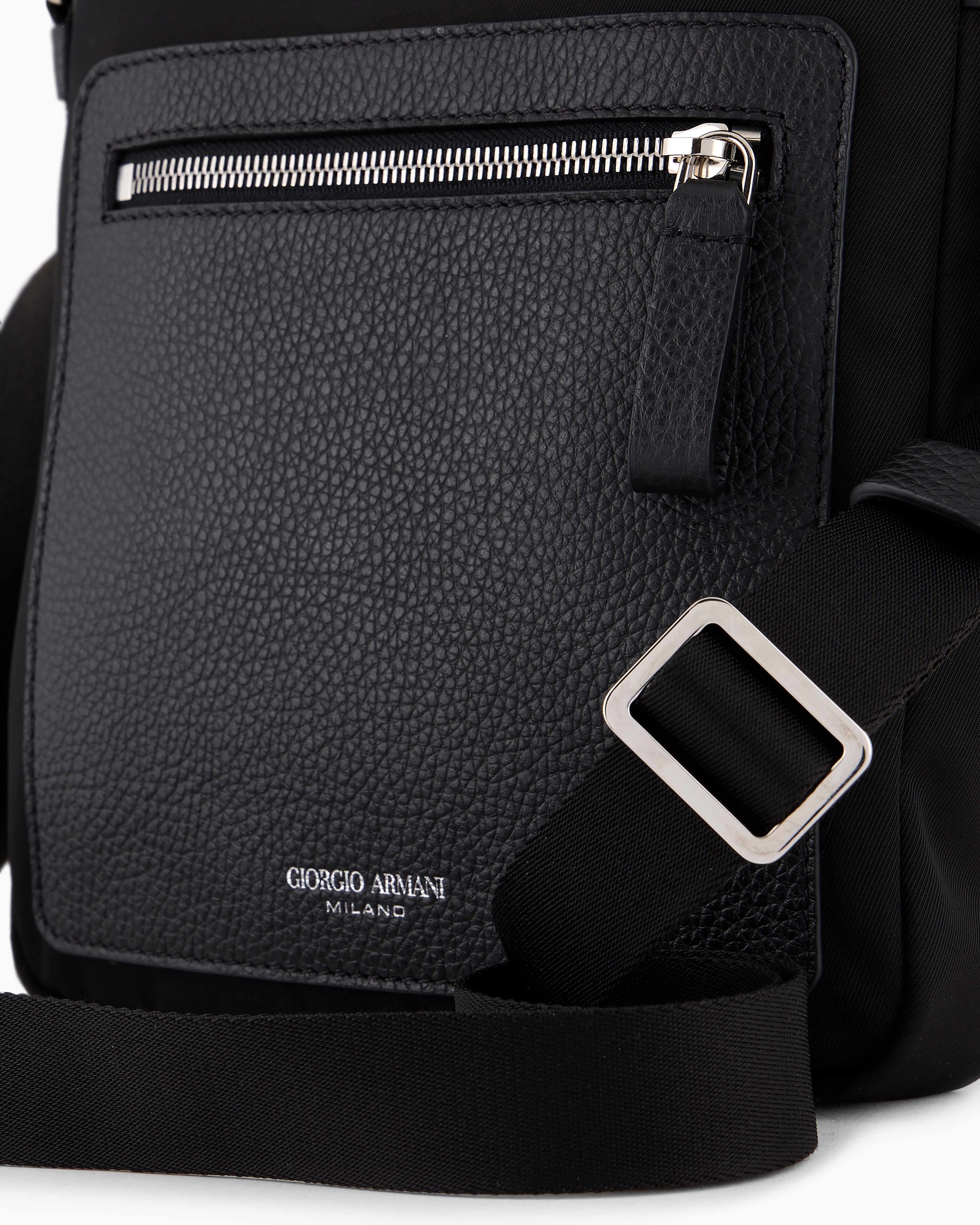 Giorgio Armani Official Store Armani Sustainability Values Nylon And Pebbled Leather Crossbody Bag In Black