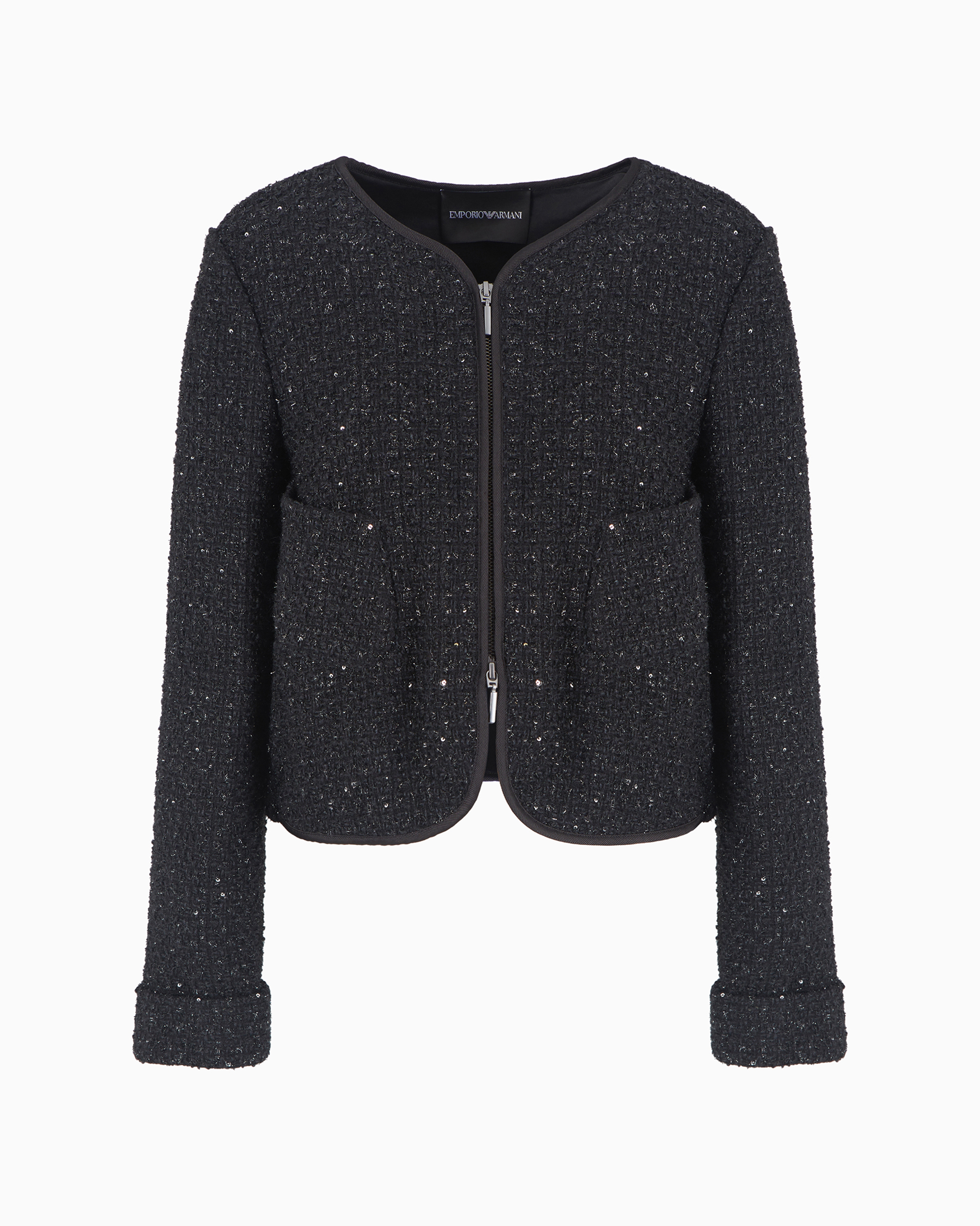 Emporio Armani Official Store Lurex Tweed Zip-up Jacket With Micro Sequins In Noir