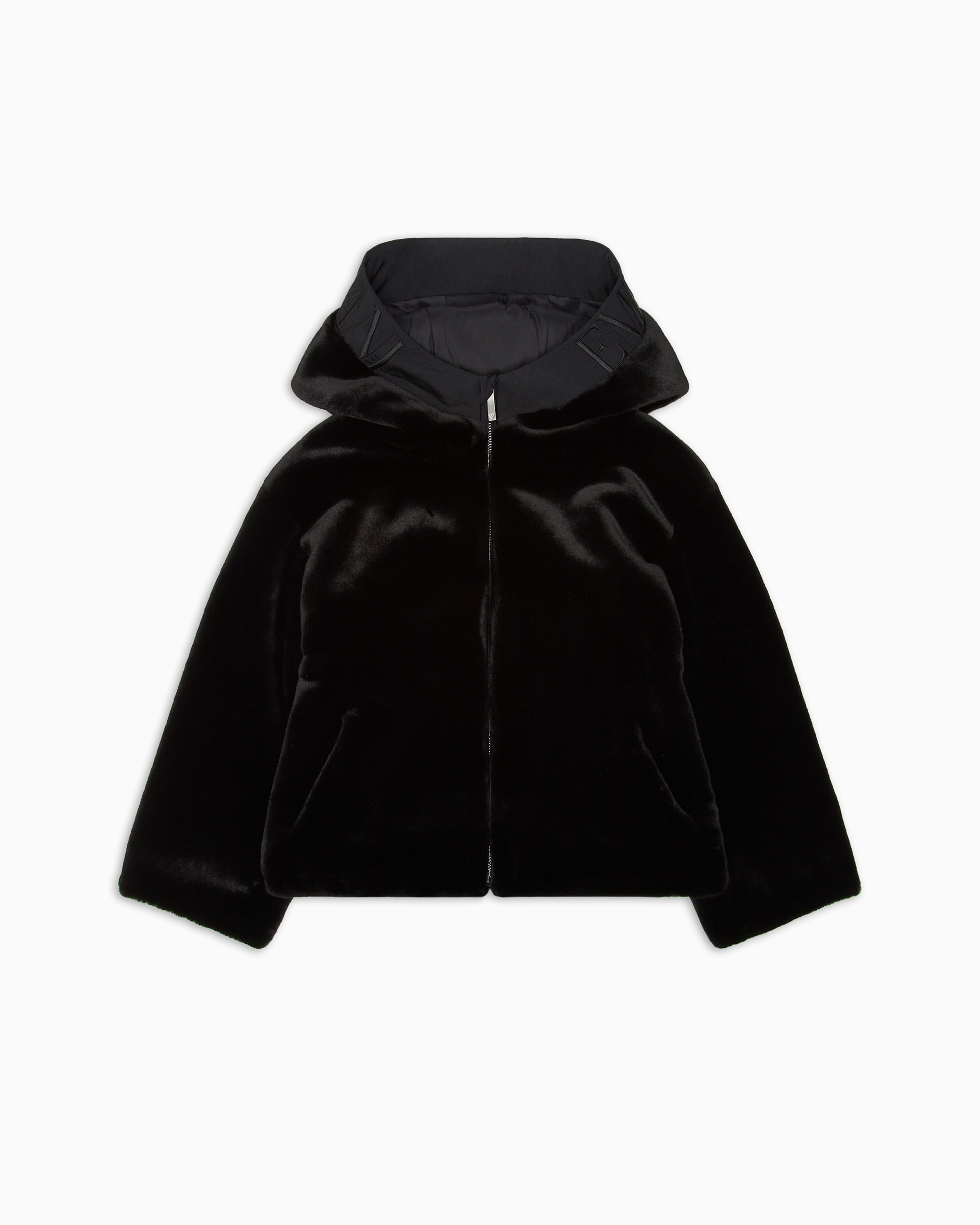 Emporio Armani Faux-fur Blouson With Zip And Hood In Black