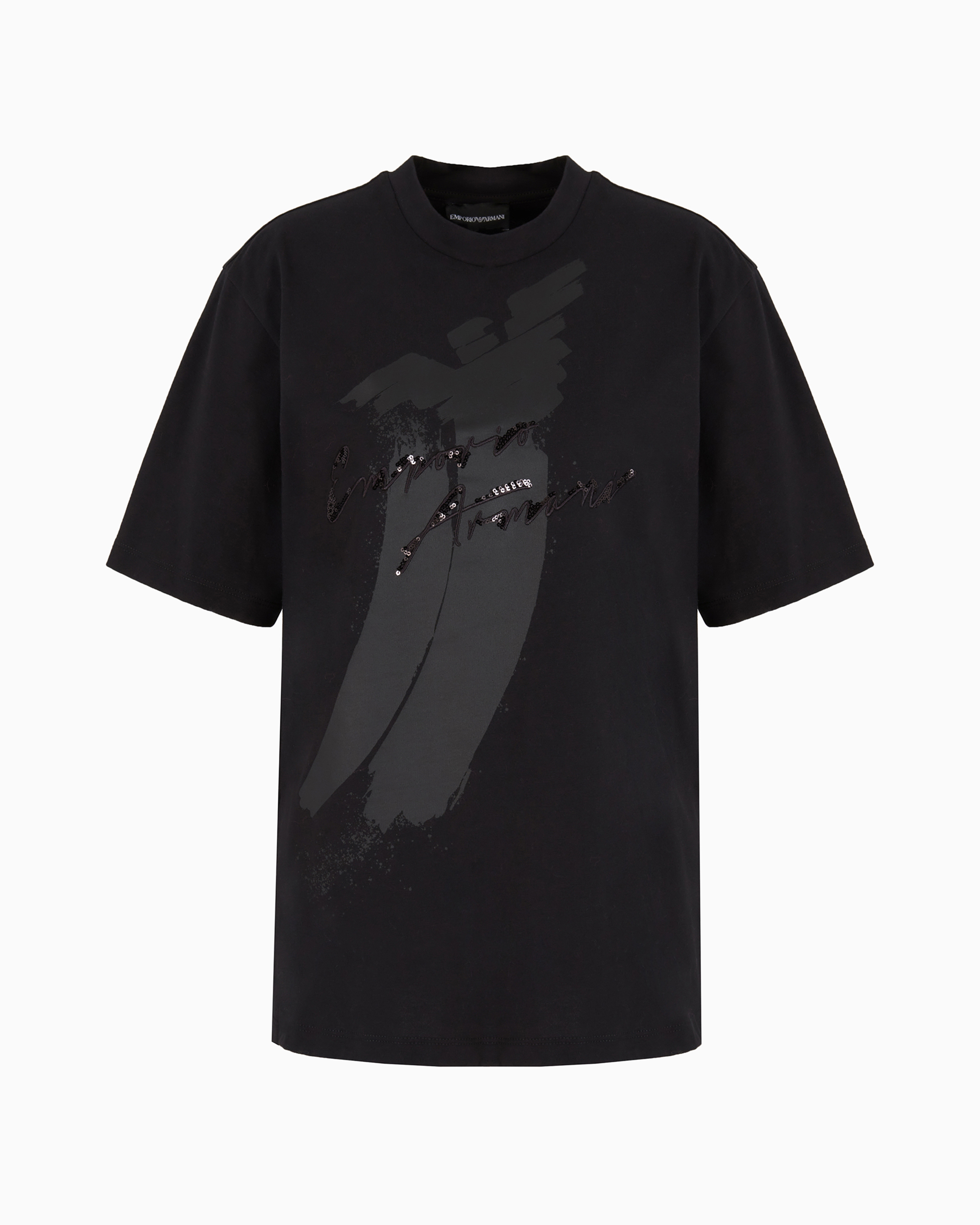 Emporio Armani Official Store Asv Organic Heavyweight Jersey T-shirt With Sequin Logo Print And Embroidery In Black