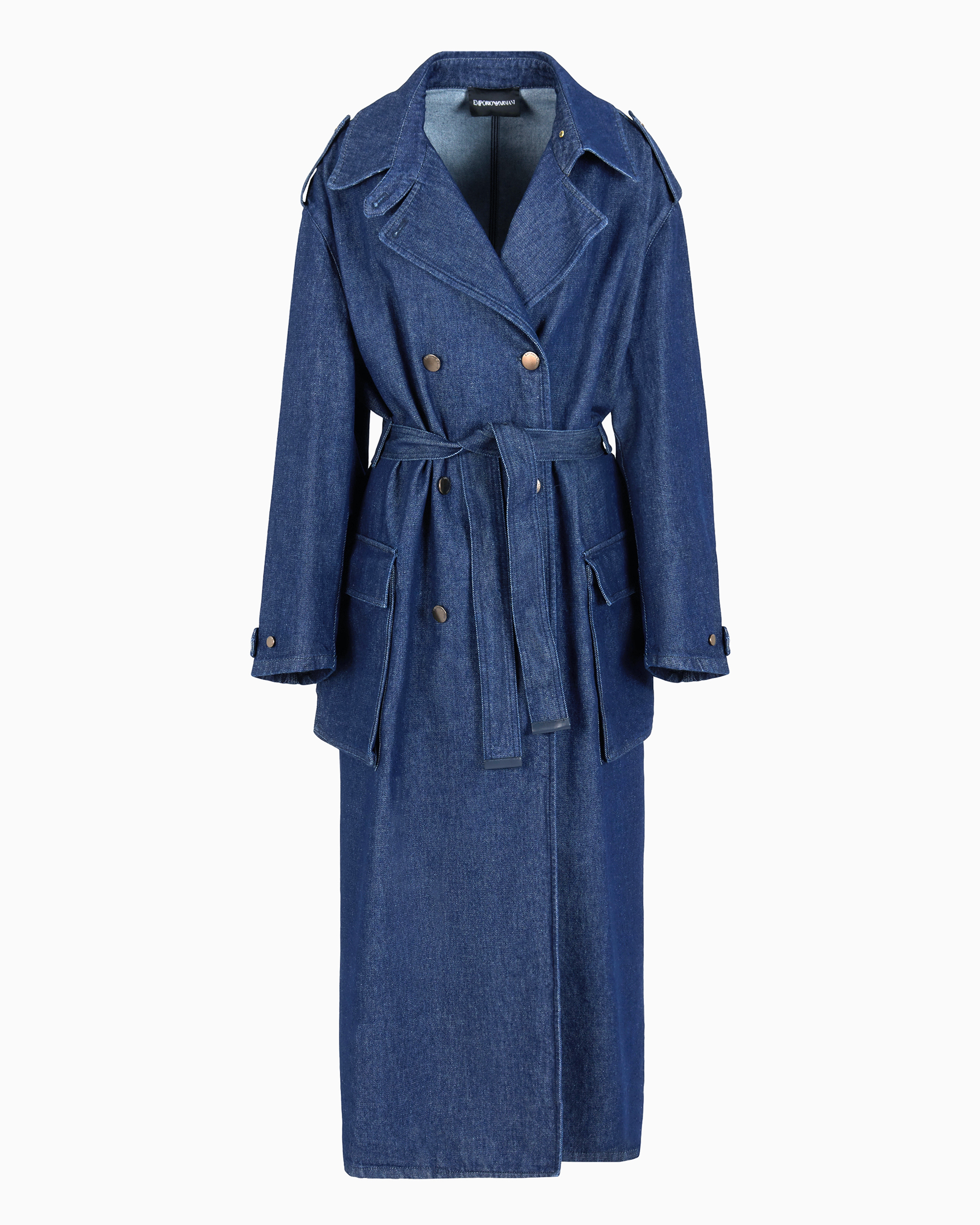 Emporio Armani Official Store Double-breasted Trench Coat Om 11 oz Denim With Logo Leather Loop In Jeansblau