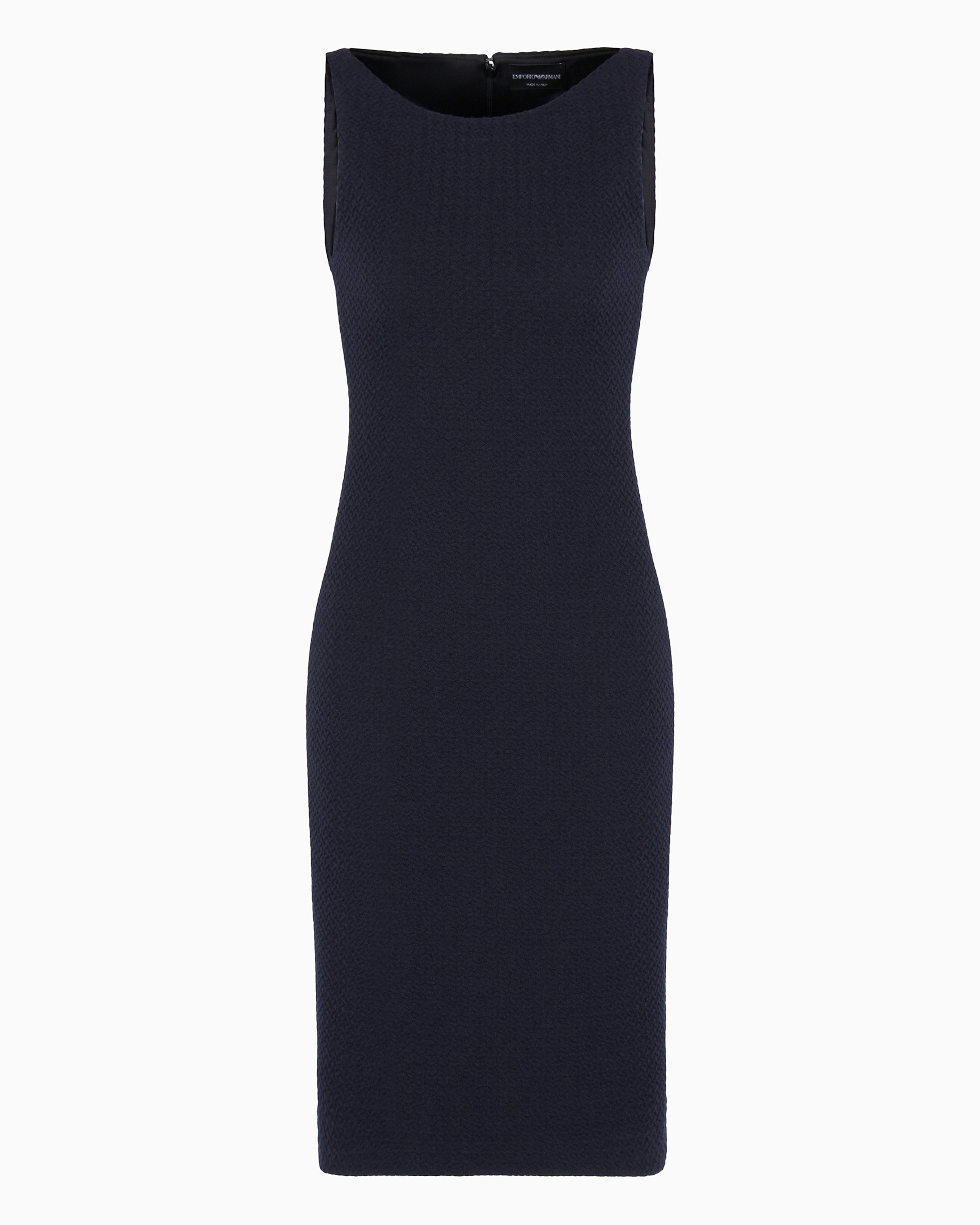 Emporio Armani Official Store Wool-blend Jacquard Jersey Sheath Dress With Embossed Pattern In Blue